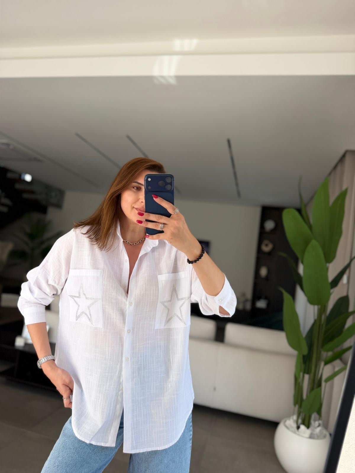 Beyaz Cep Yıldız Taşlı Oversize Gömlek
