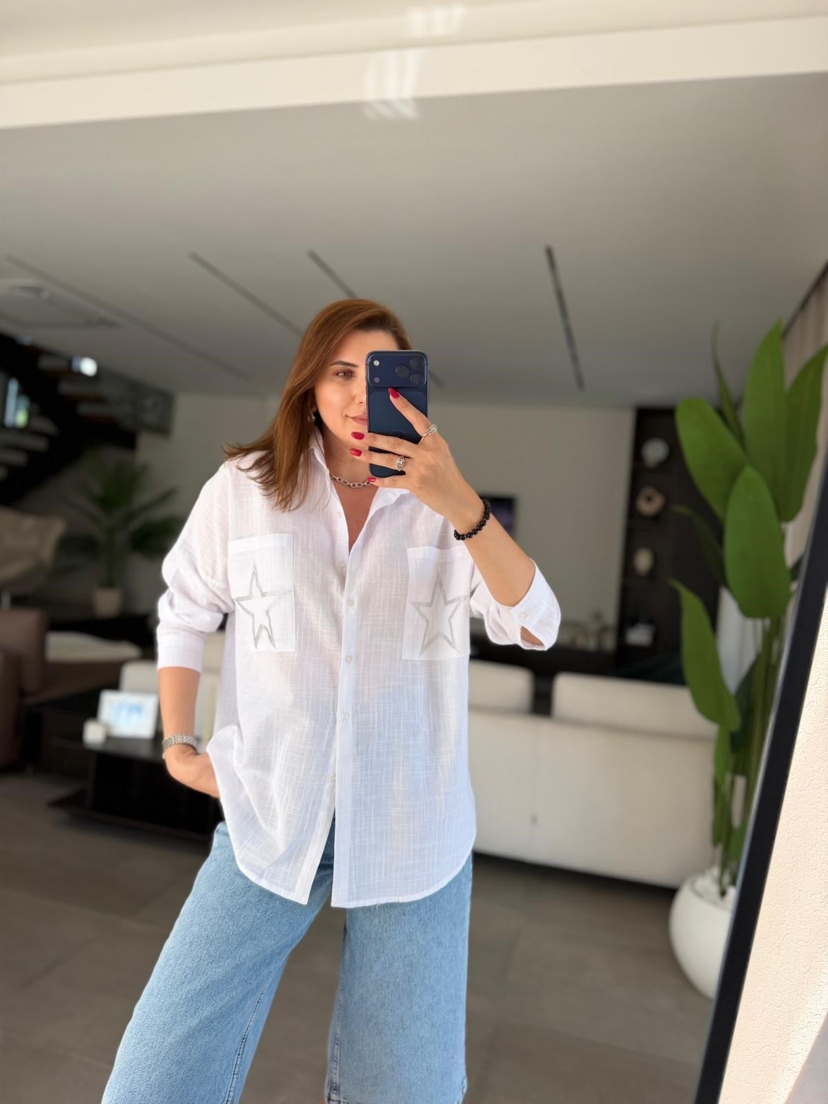 Beyaz Cep Yıldız Taşlı Oversize Gömlek