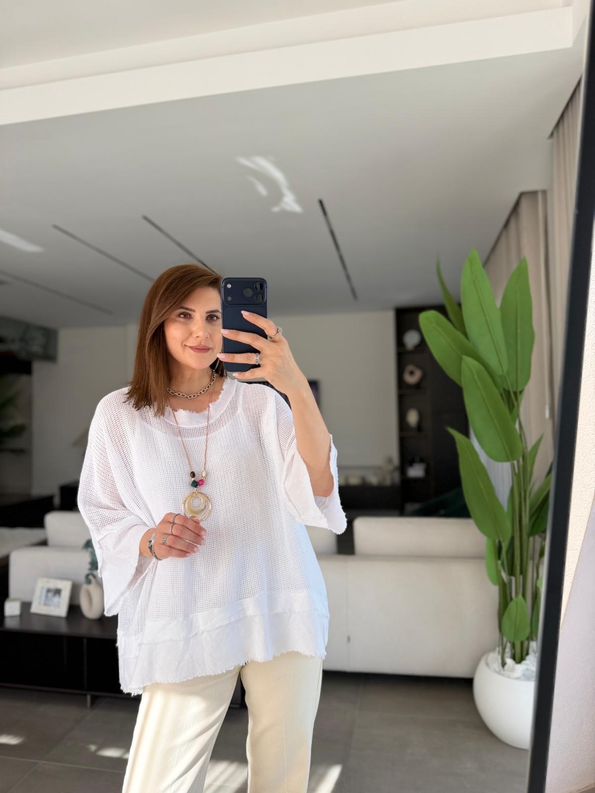 Beyaz Kolye Detaylı File Bluz