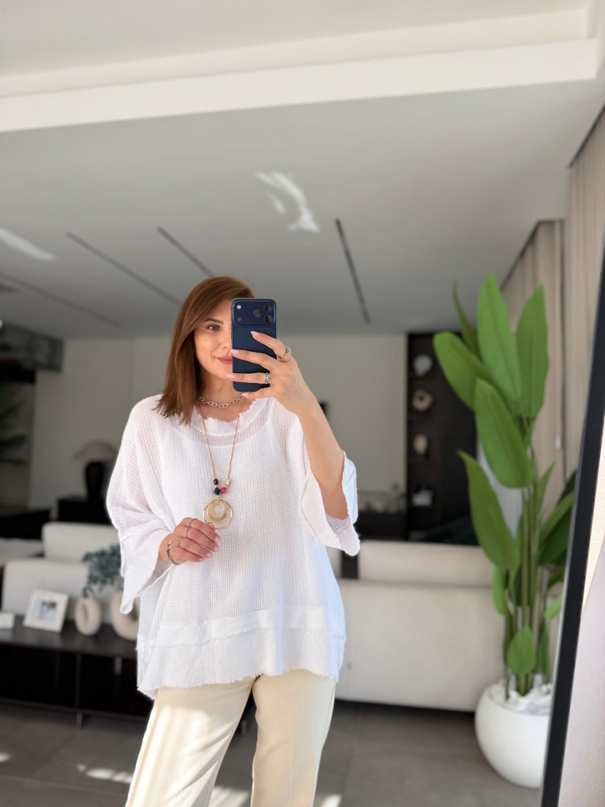 Beyaz Kolye Detaylı File Bluz