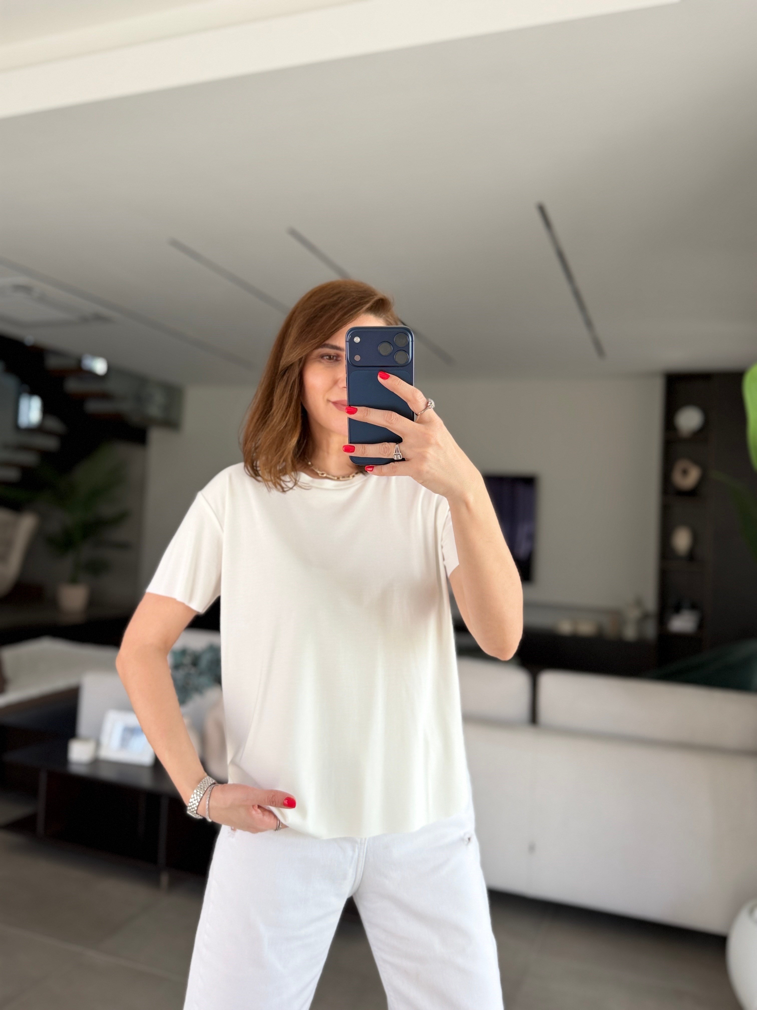 Beyaz Lazer Kesim Basic T-shirt