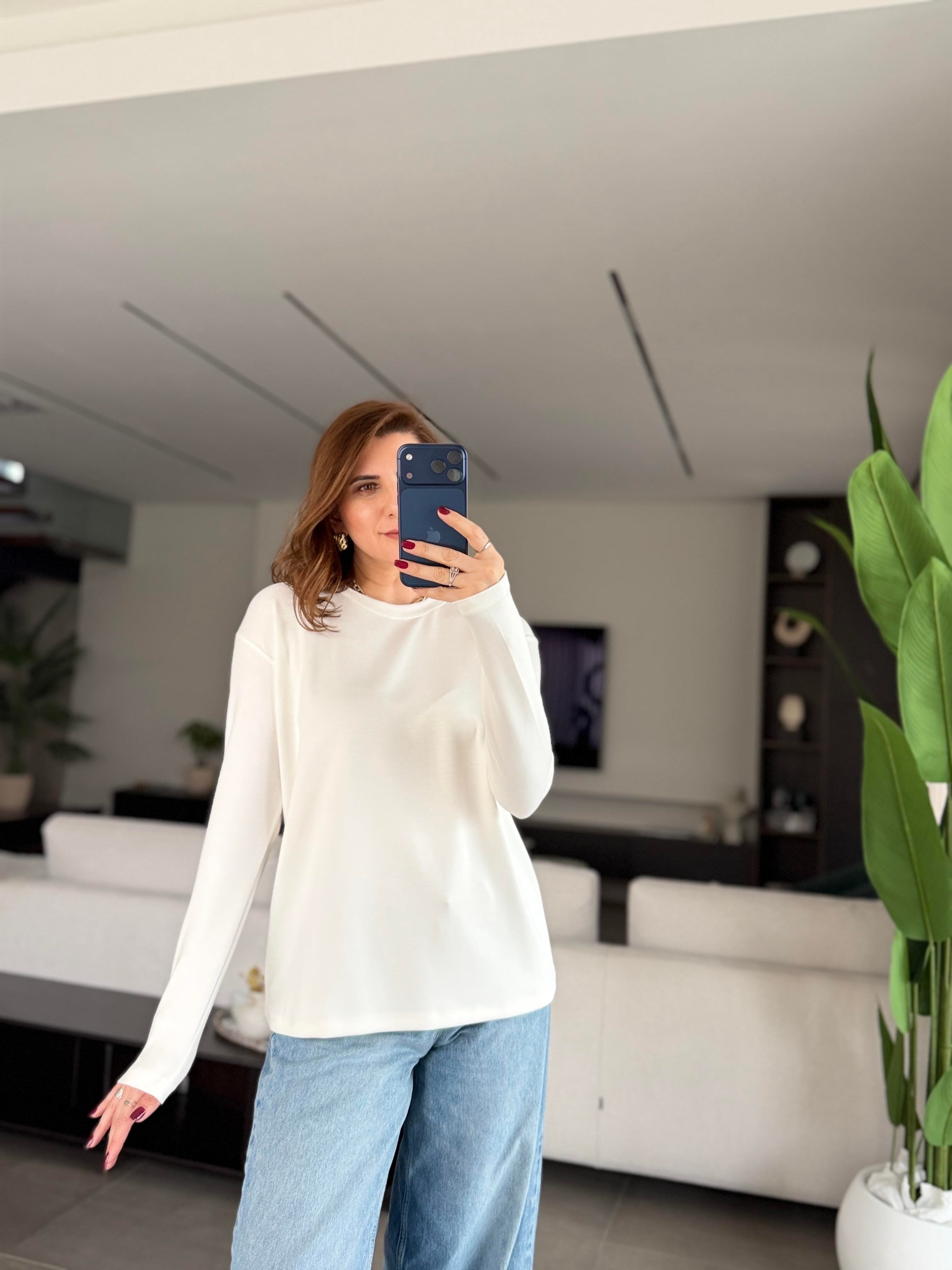 Beyaz Malta Bisiklet Yaka Basic Sweat