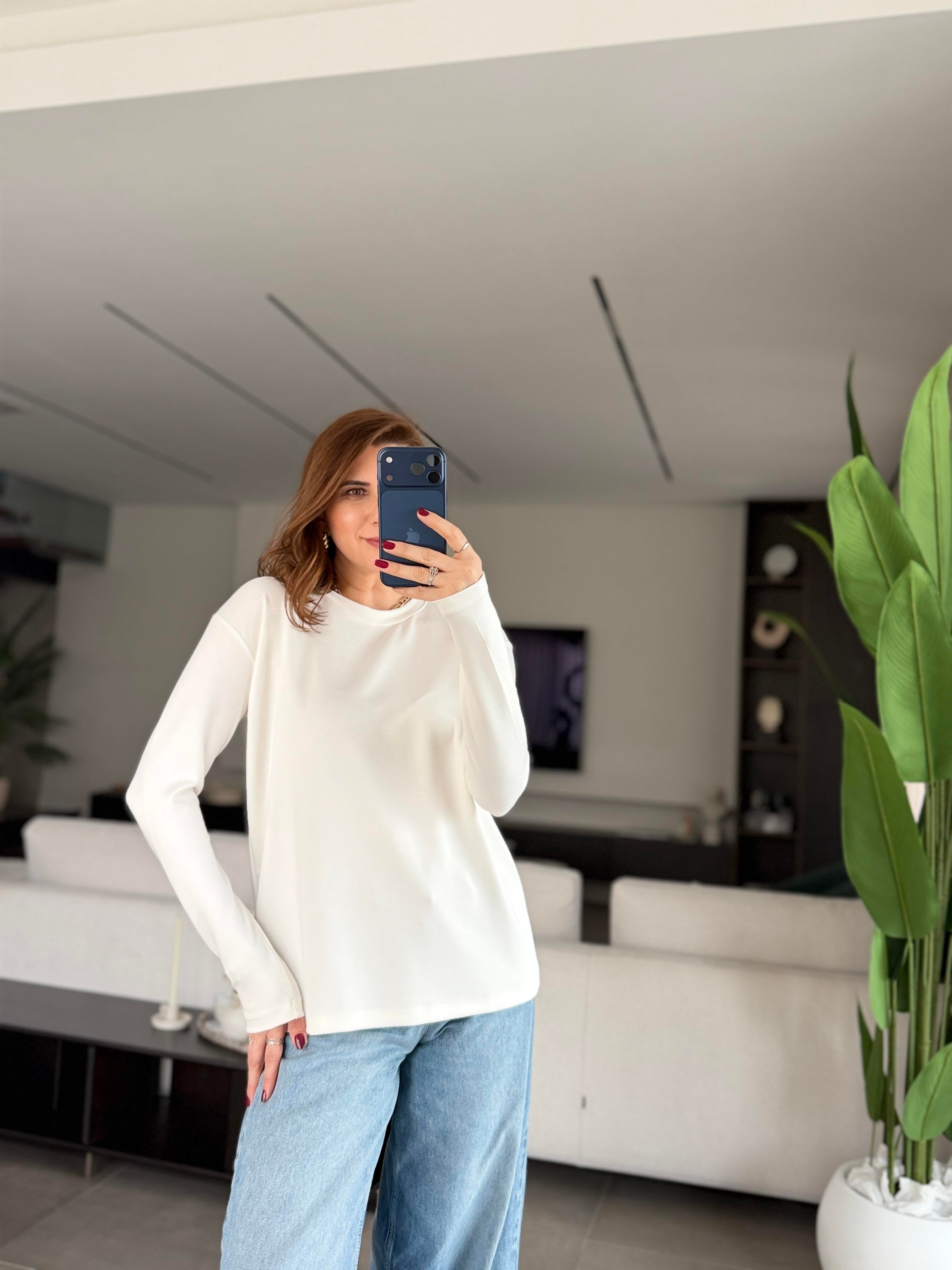 Beyaz Malta Bisiklet Yaka Basic Sweat