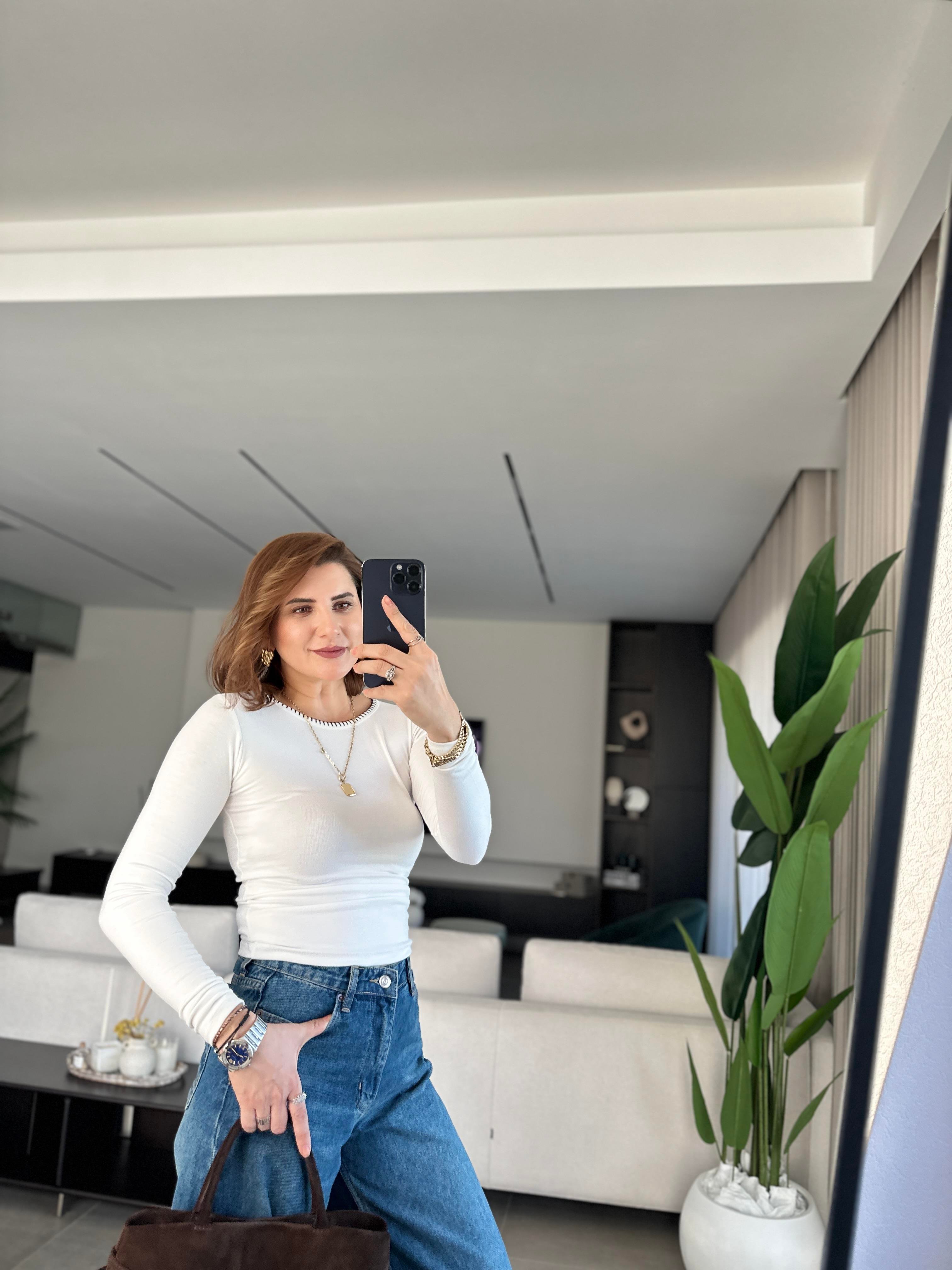 Beyaz Mas Dikişli Bluz