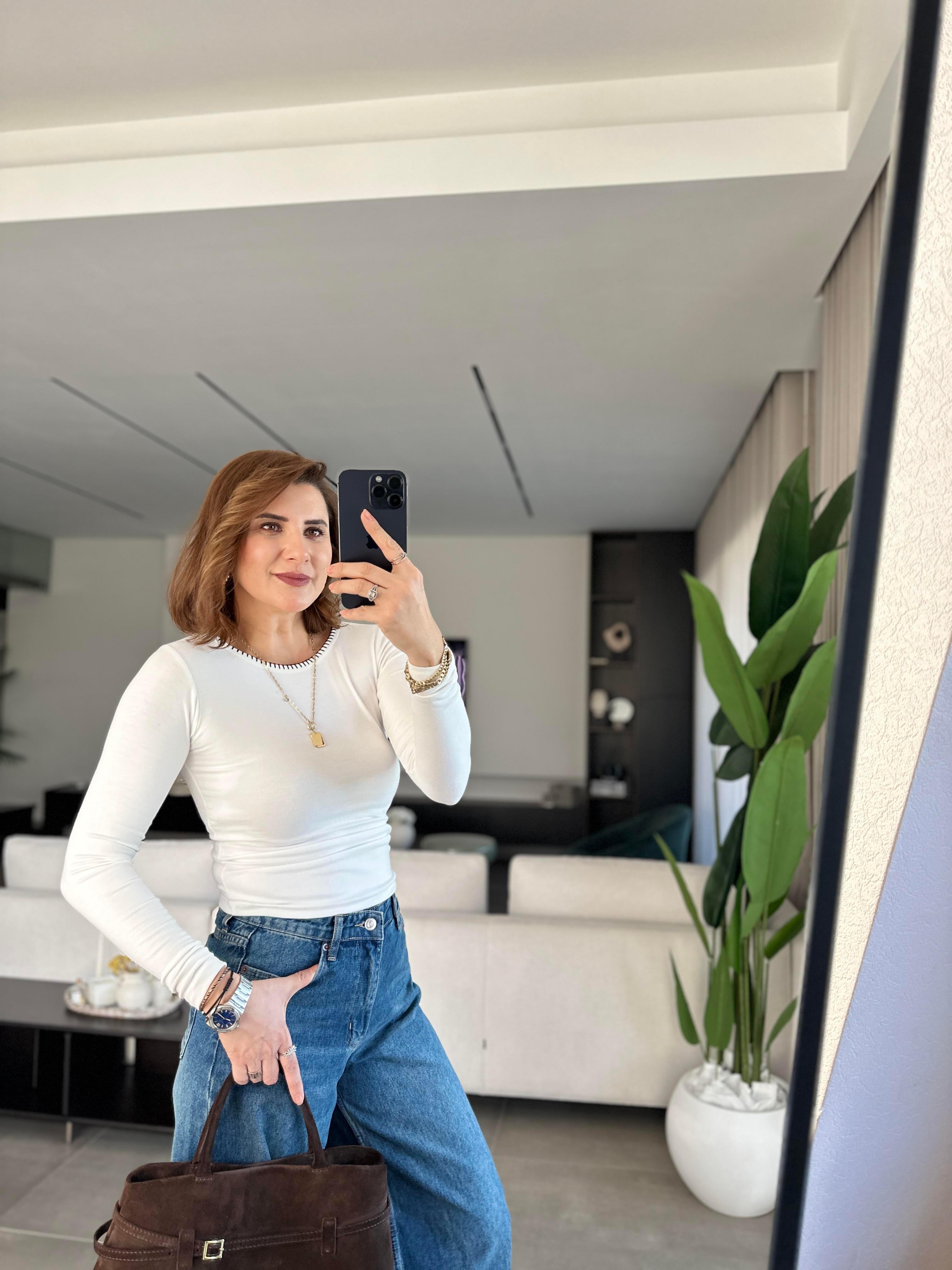 Beyaz Mas Dikişli Bluz