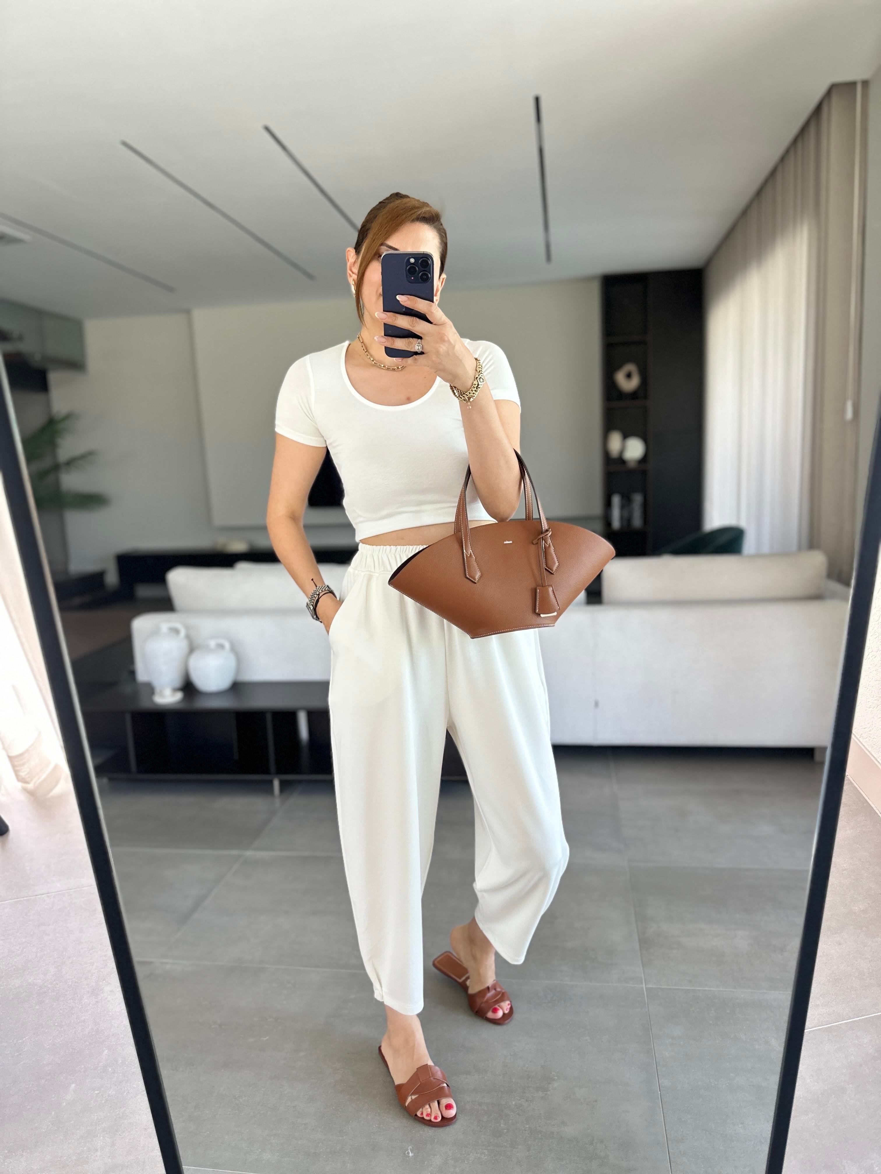 Beyaz Paça Tutturmalı Modal Pantolon