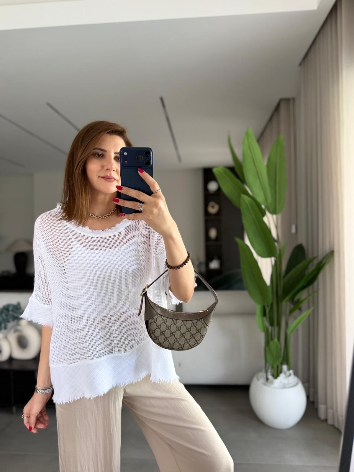 Beyaz Saçaklı File Bluz