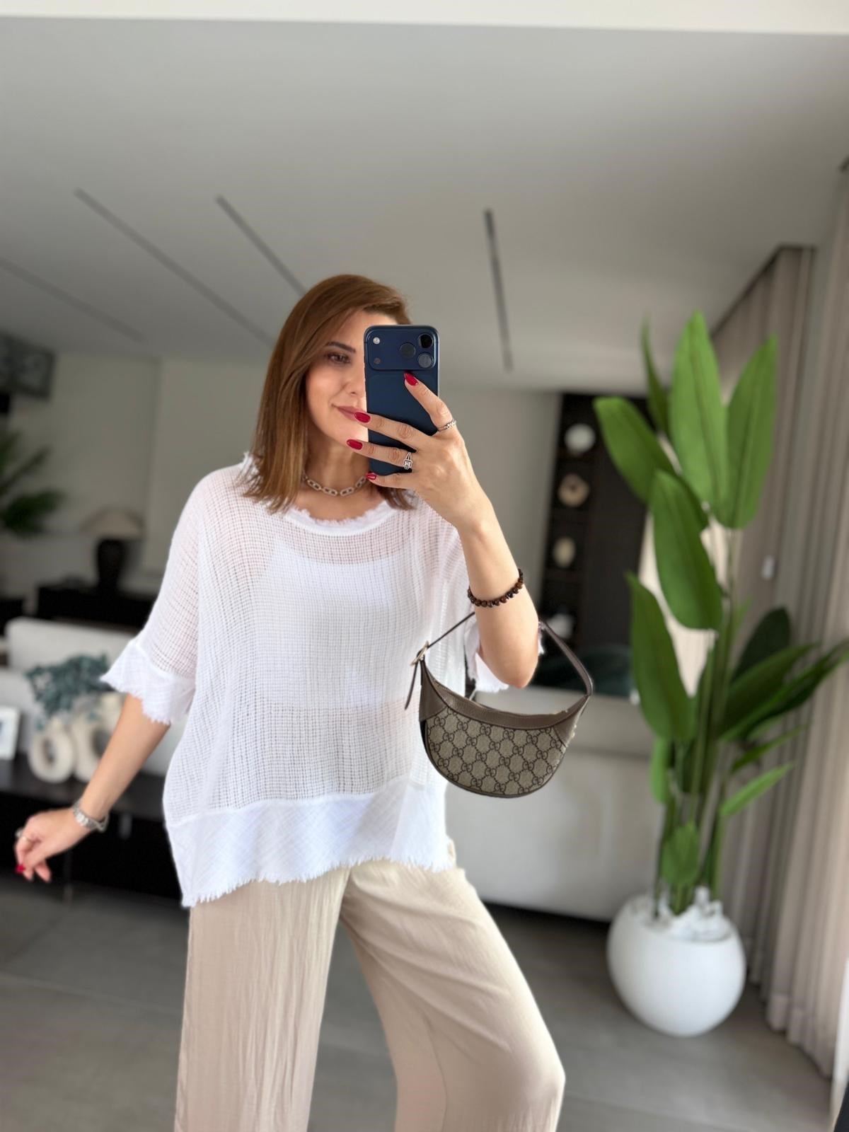 Beyaz Saçaklı File Bluz