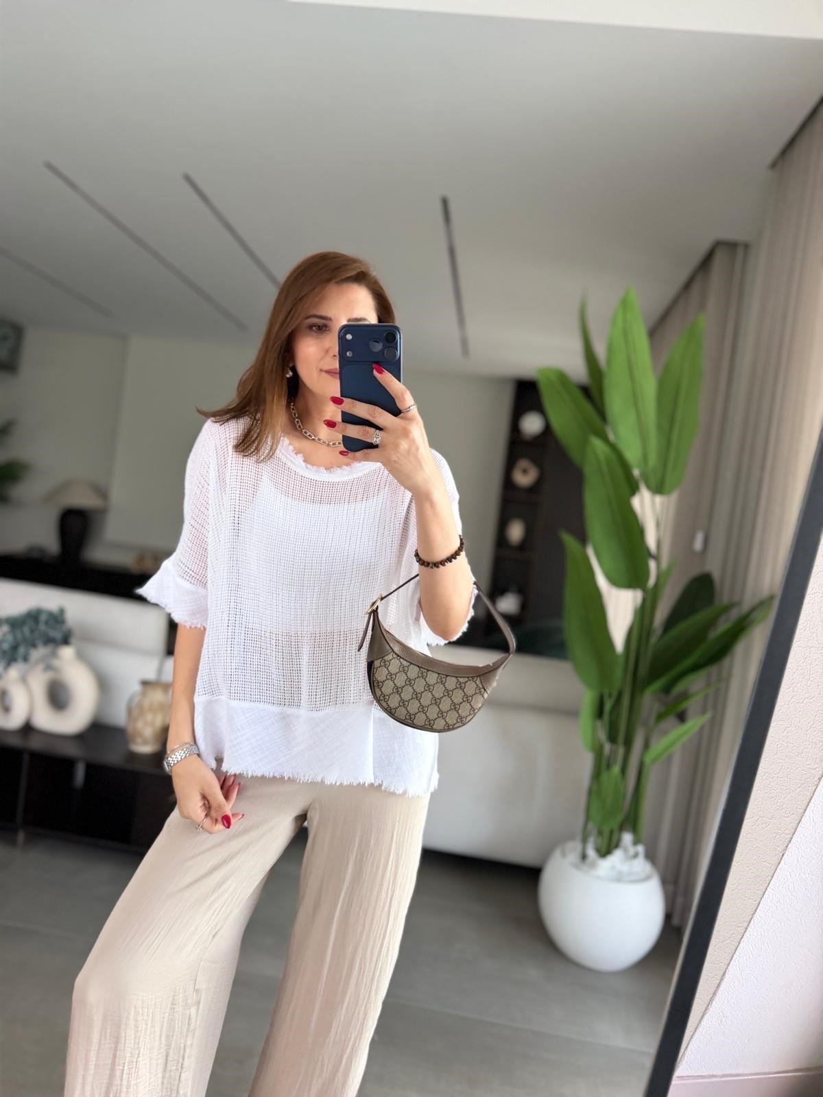 Beyaz Saçaklı File Bluz