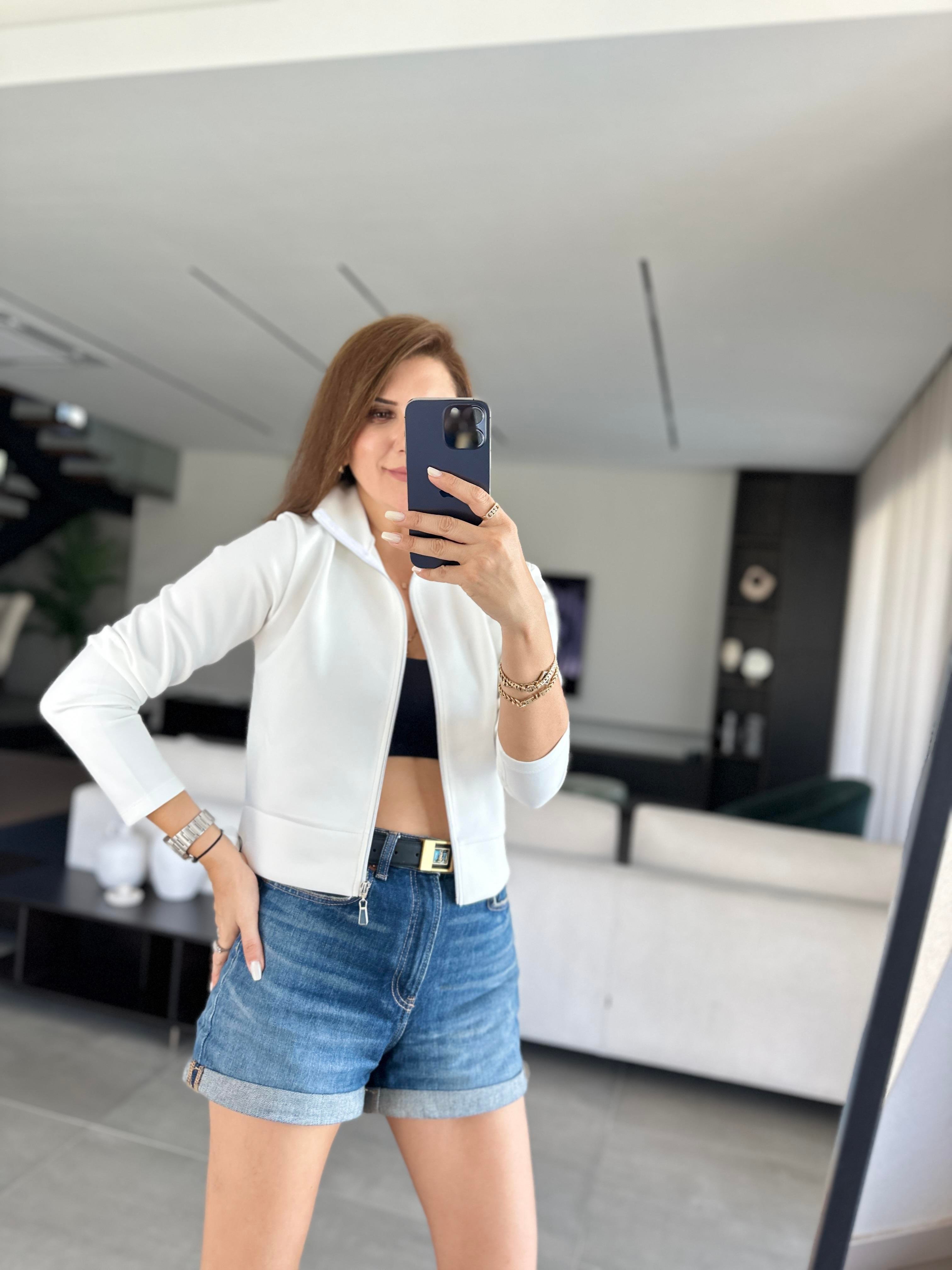 Beyaz Scuba Fermuarlı Ceket