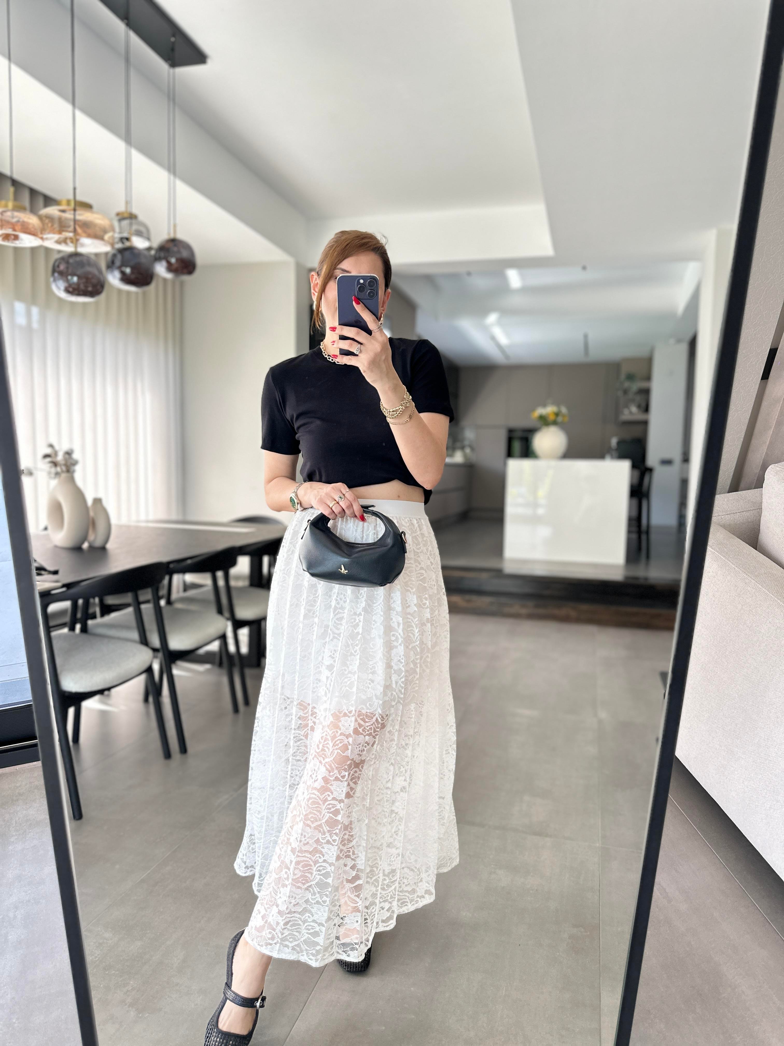Beyaz Verano Astarlı Dantel Etek