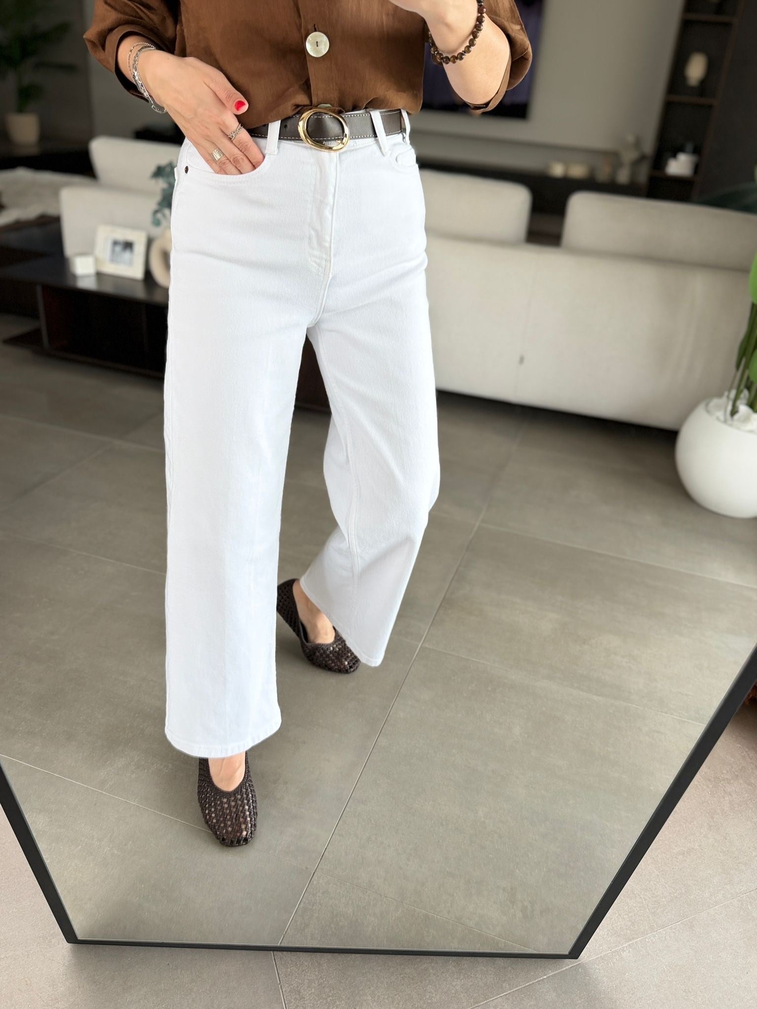 Beyaz Wideleg Kemerli Jean