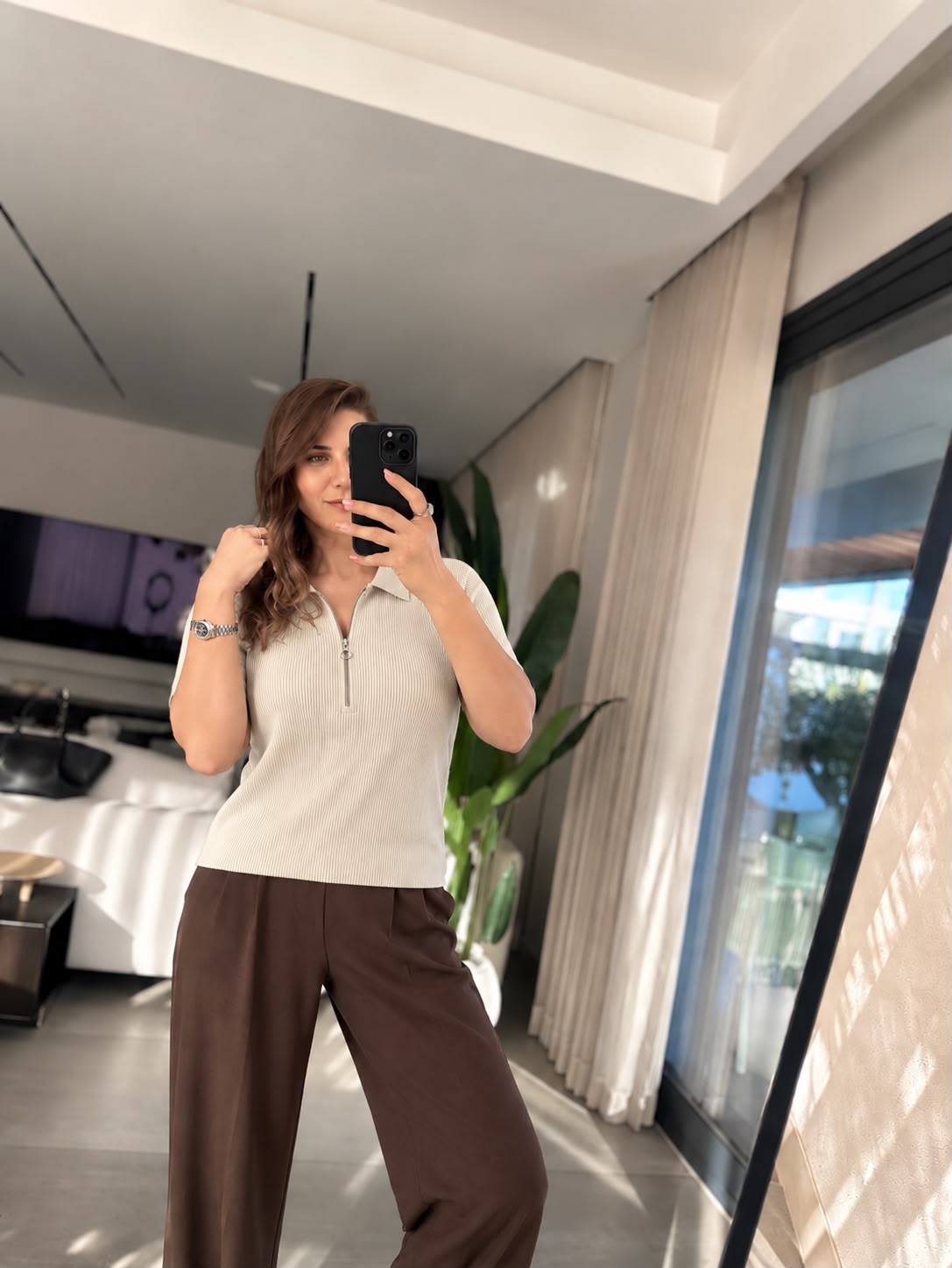 Beyaz Yaka Fermuarlı Fitilli Bluz
