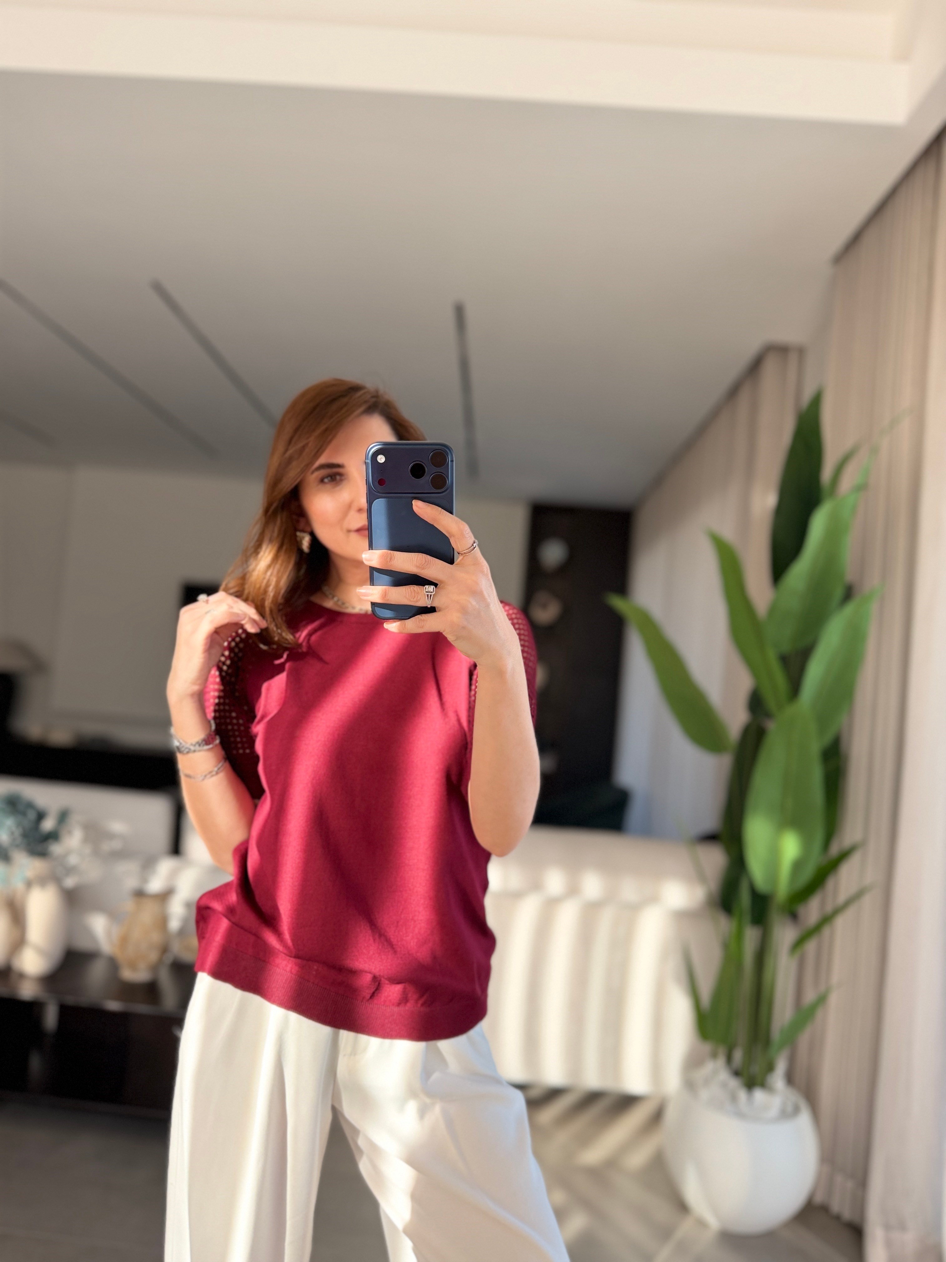 Bordo Ajurlu Kısa Kol Bluz