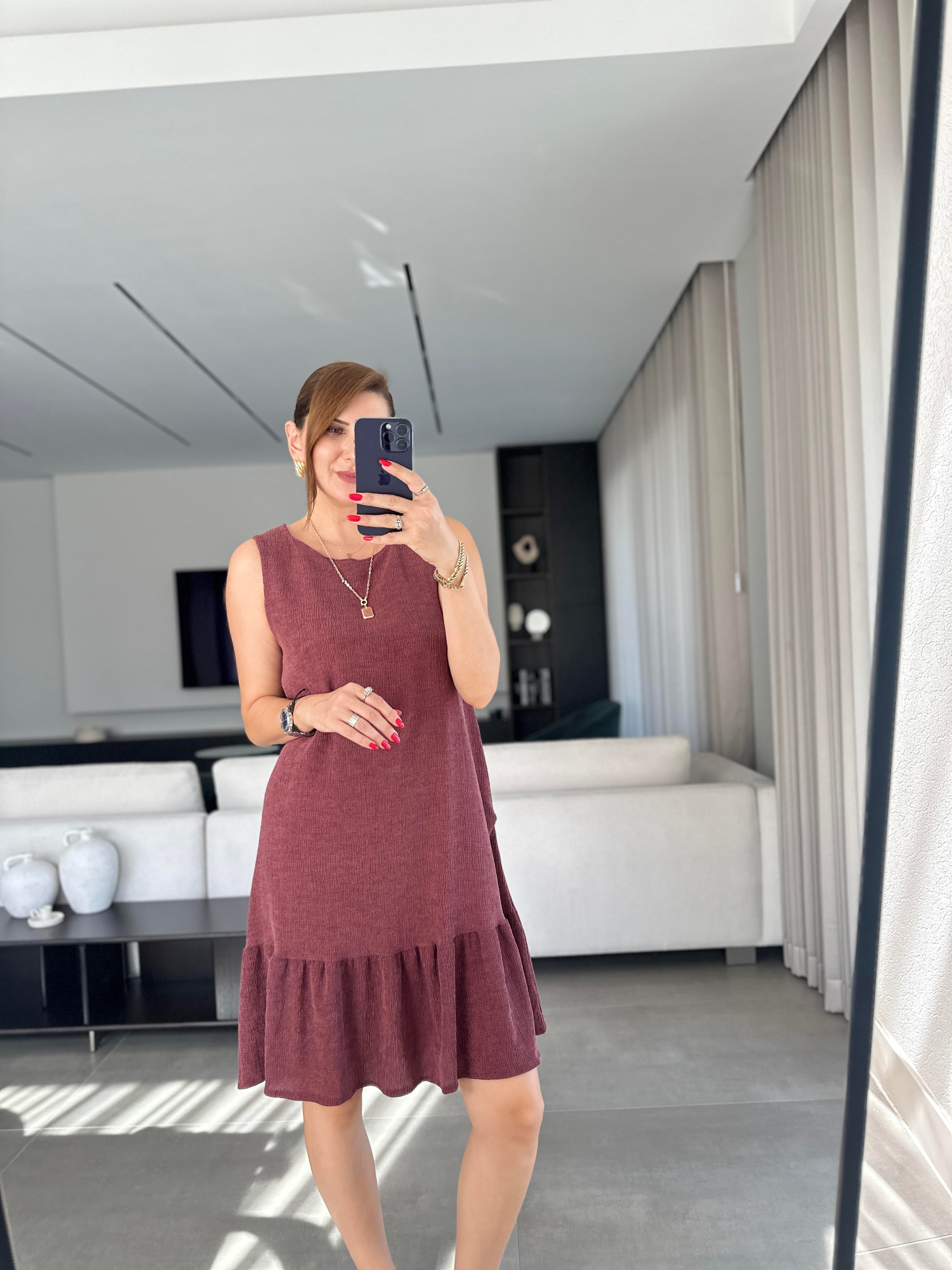 Bordo Altı Volanlı Bürümcük Elbise