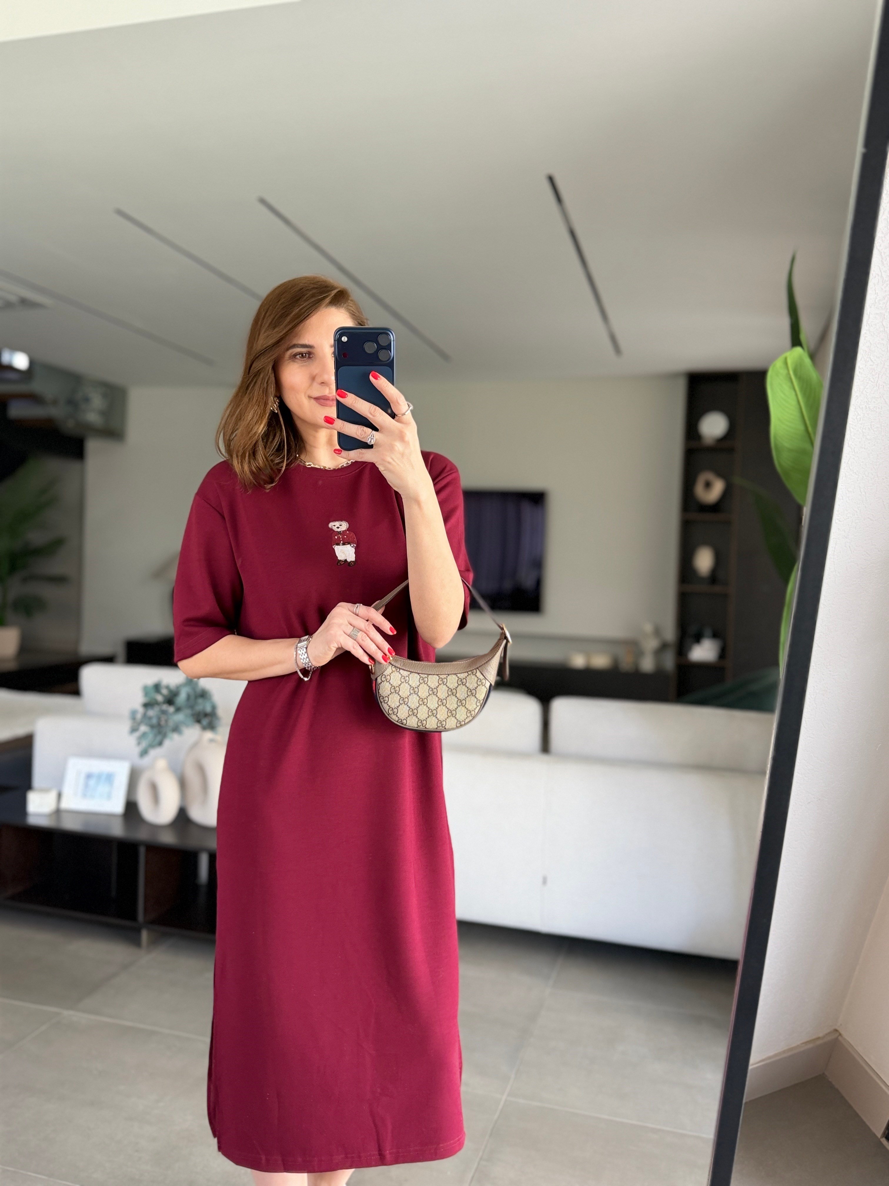 Bordo Ayıcık Nakışlı Elbise