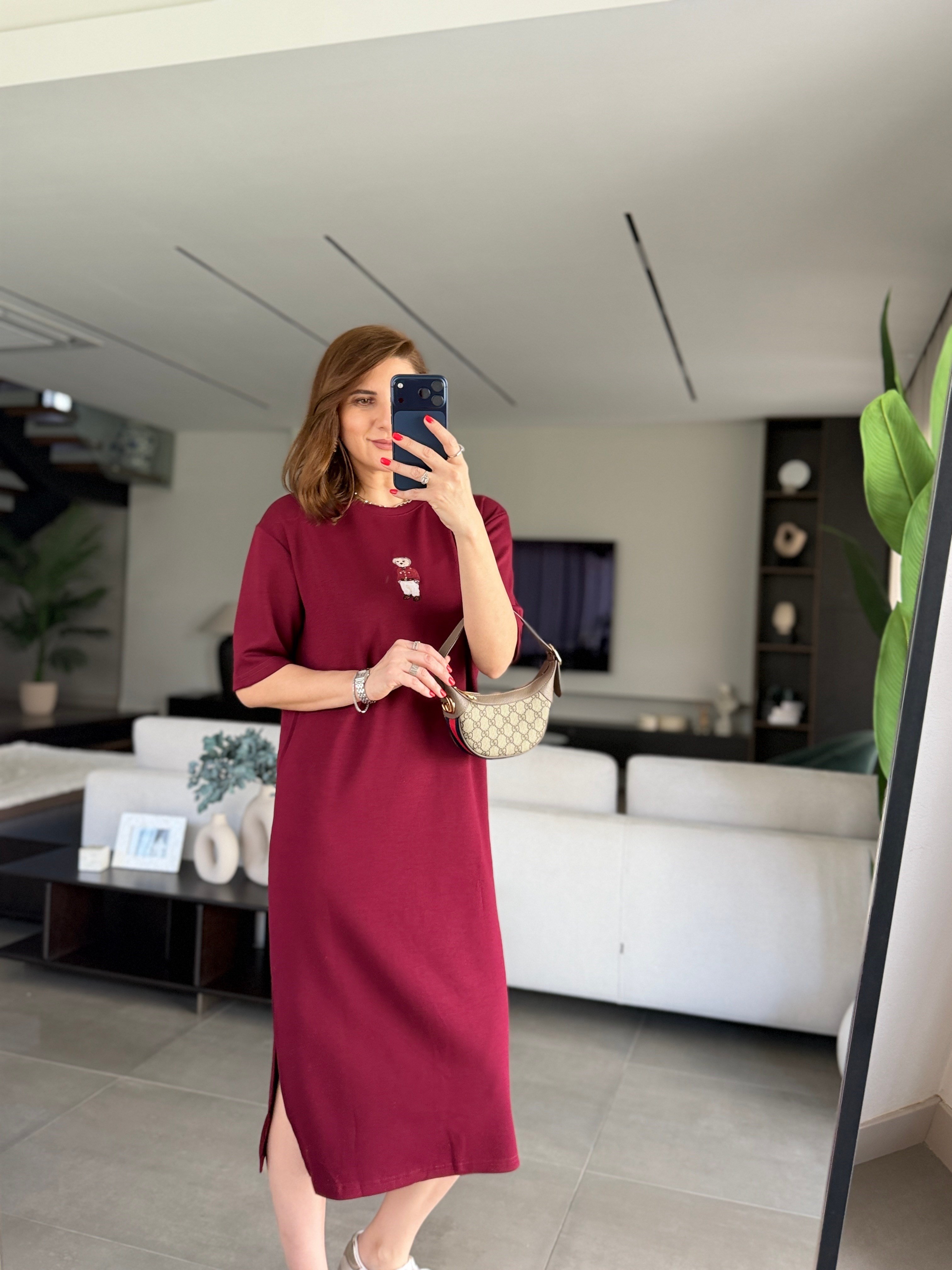 Bordo Ayıcık Nakışlı Elbise