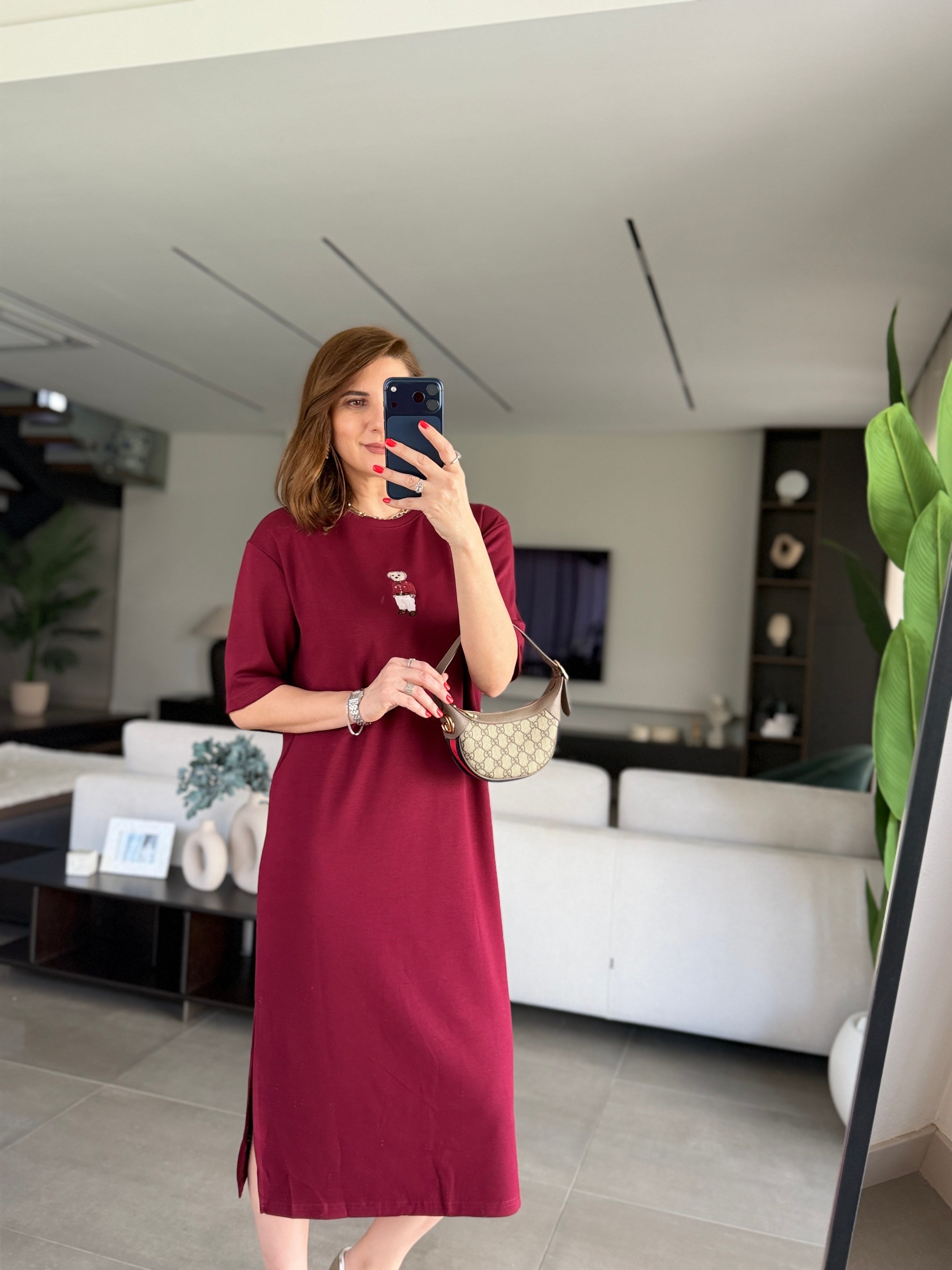 Bordo Ayıcık Nakışlı Elbise