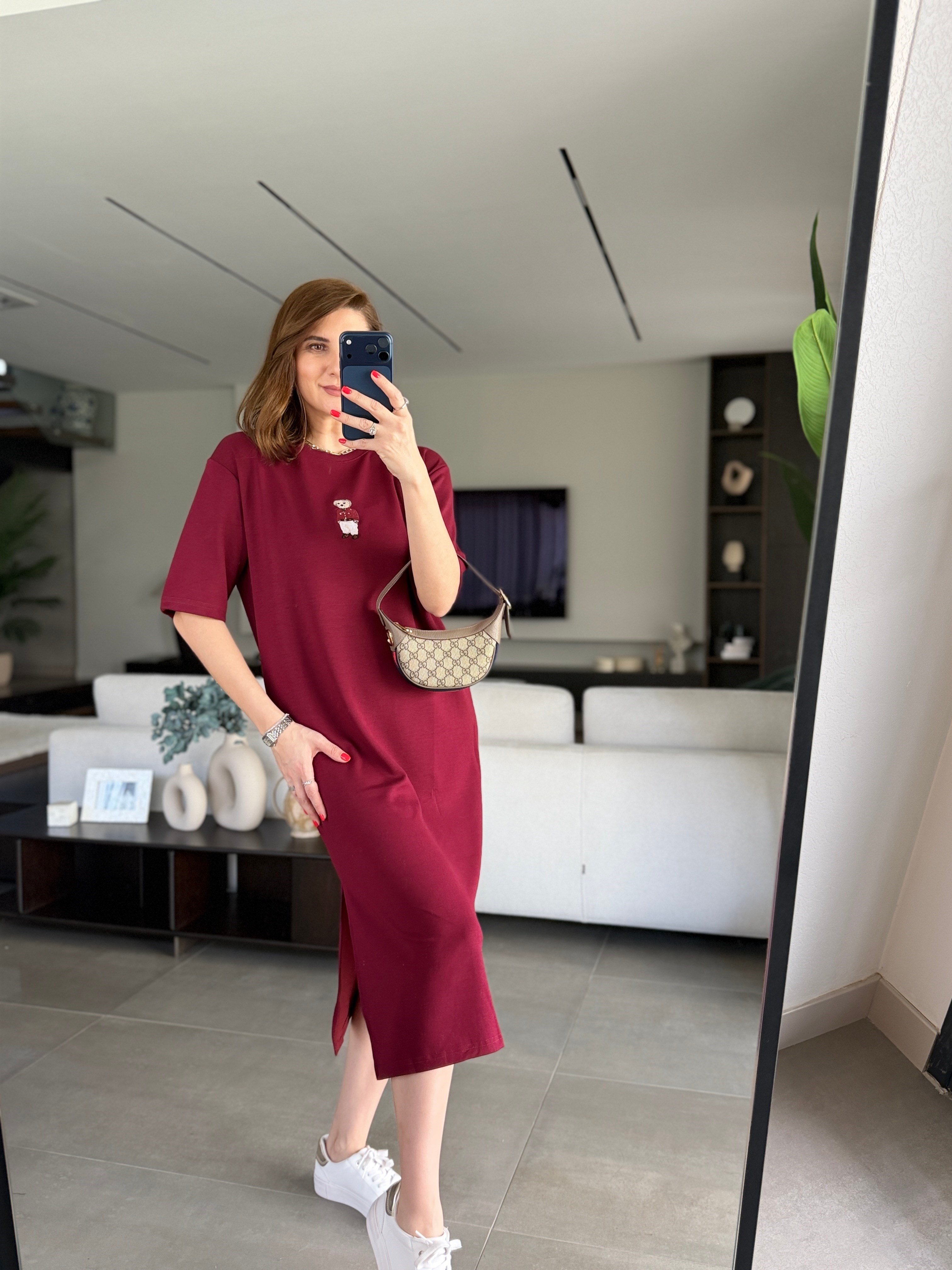 Bordo Ayıcık Nakışlı Elbise
