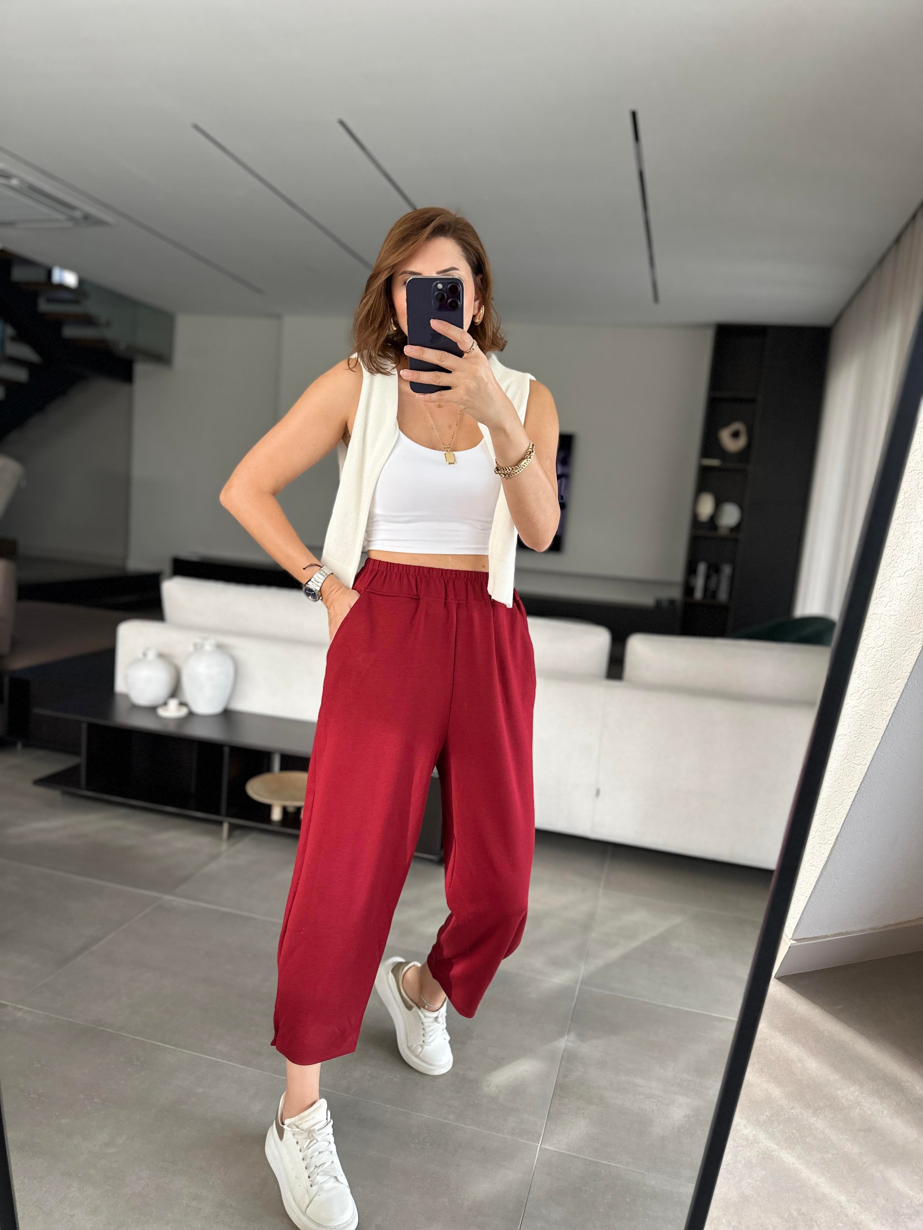 Bordo Baggy Tutturmalı Pantolon