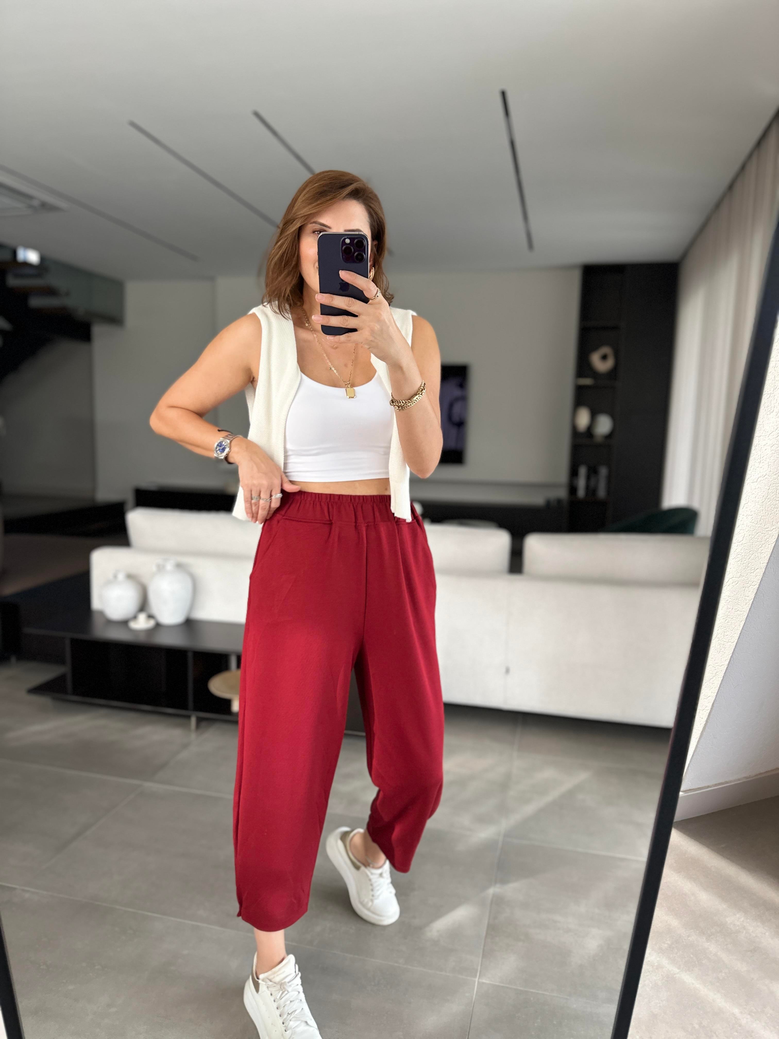 Bordo Baggy Tutturmalı Pantolon