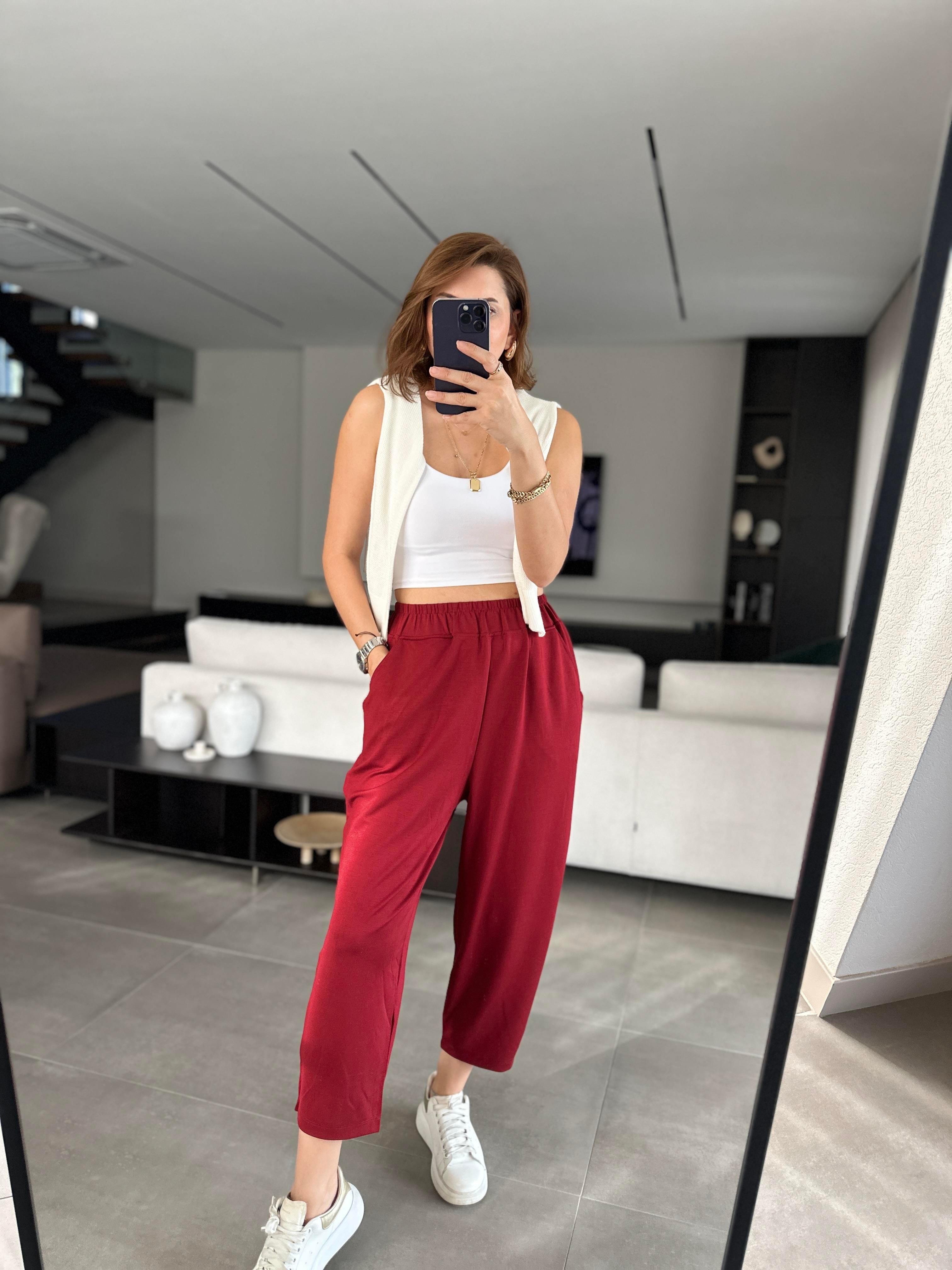 Bordo Baggy Tutturmalı Pantolon