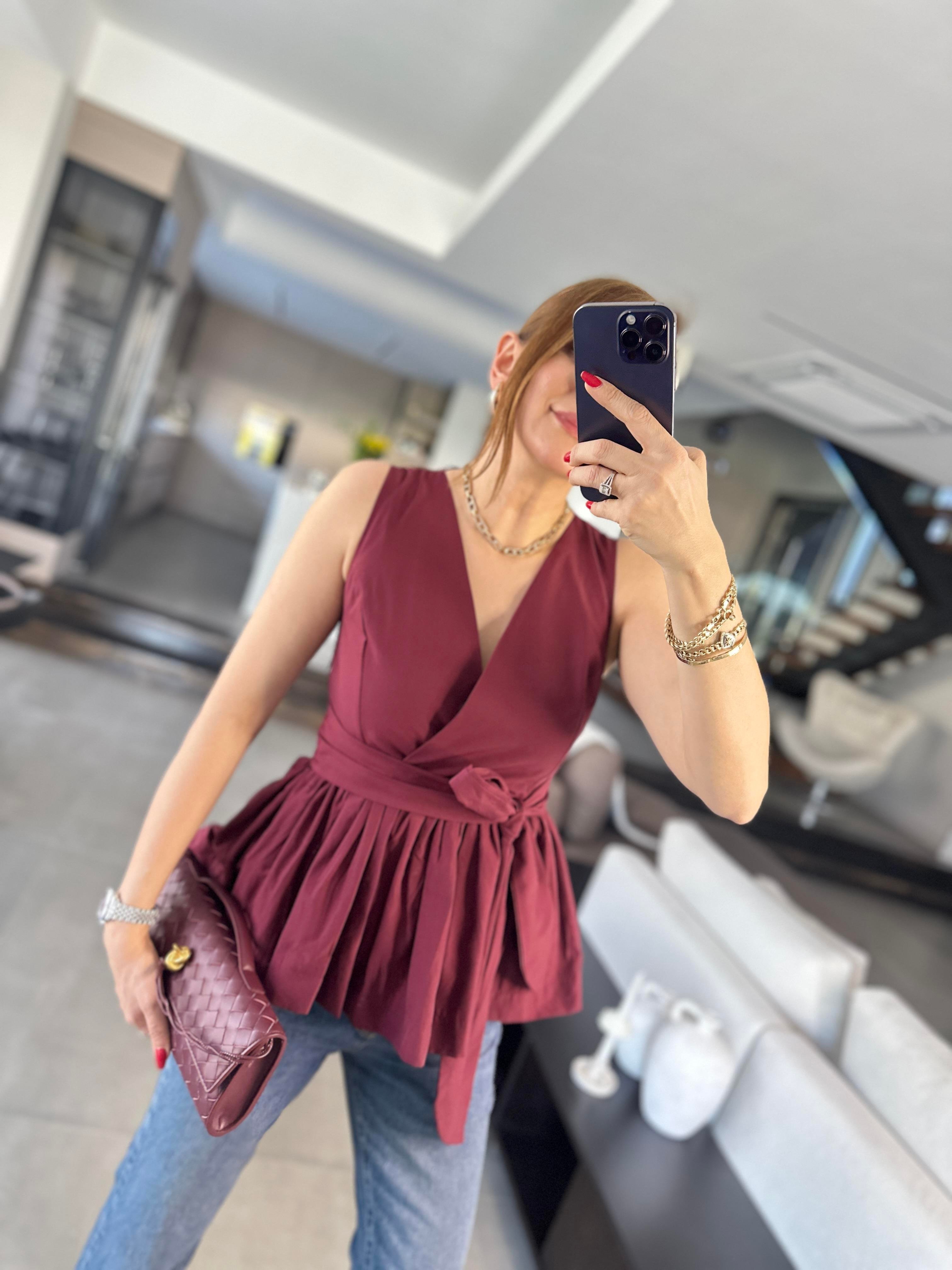 Bordo Bağlamalı V Yaka Kolsuz Bluz