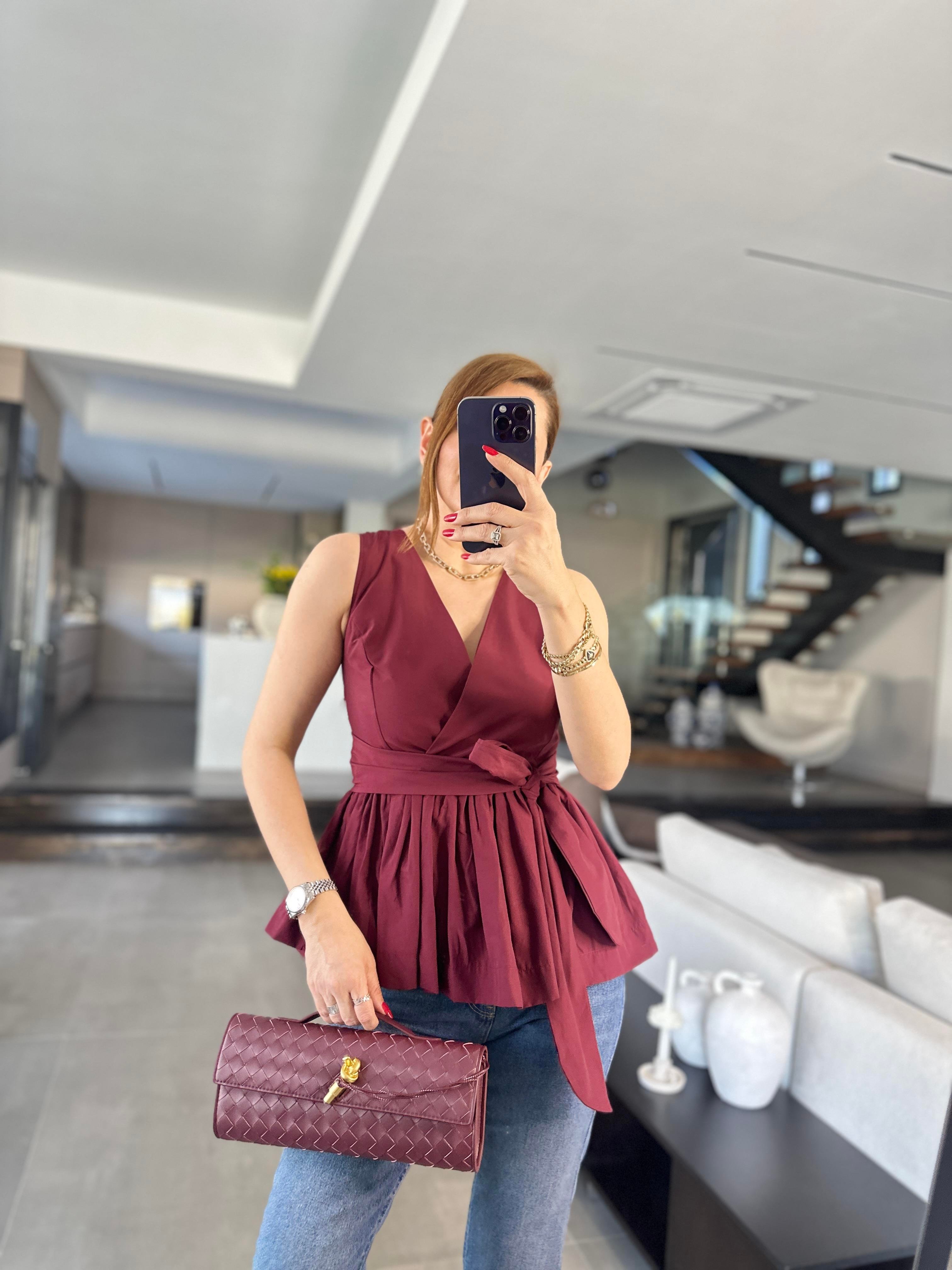 Bordo Bağlamalı V Yaka Kolsuz Bluz