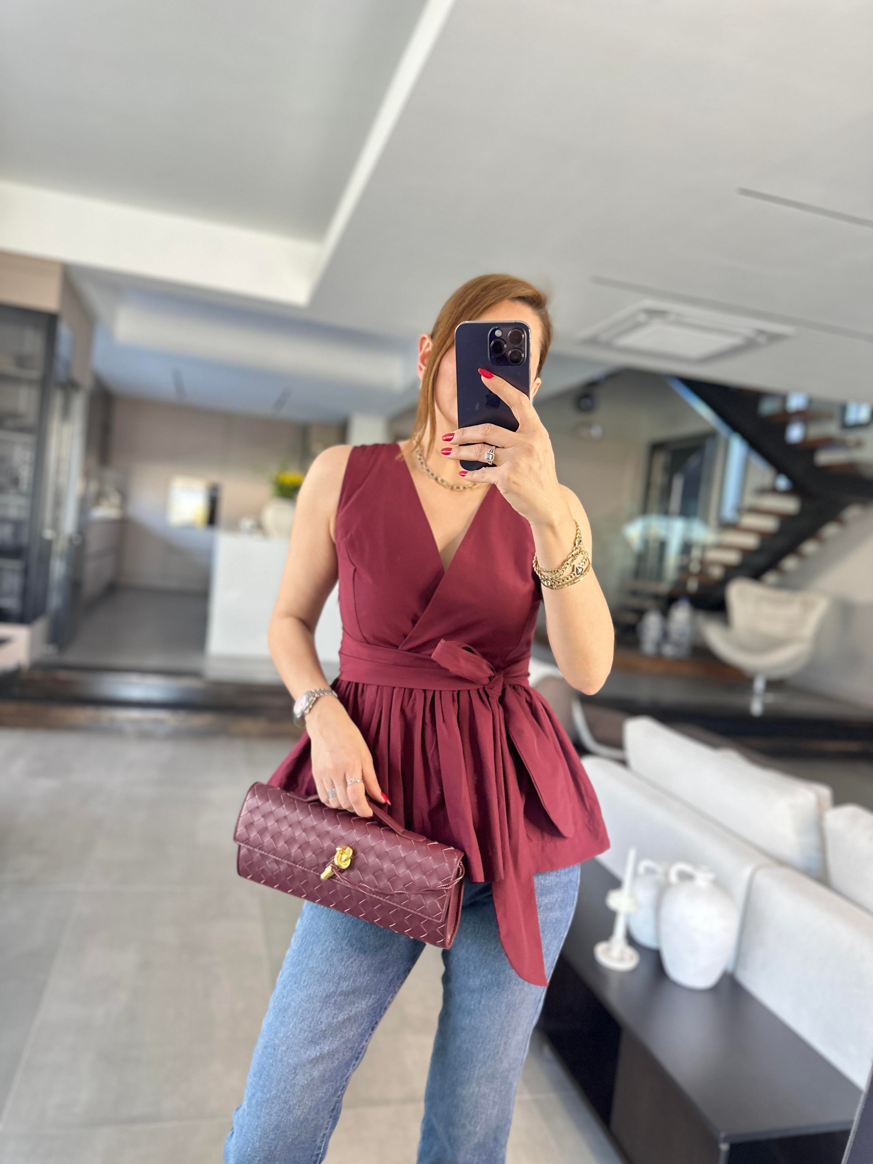 Bordo Bağlamalı V Yaka Kolsuz Bluz