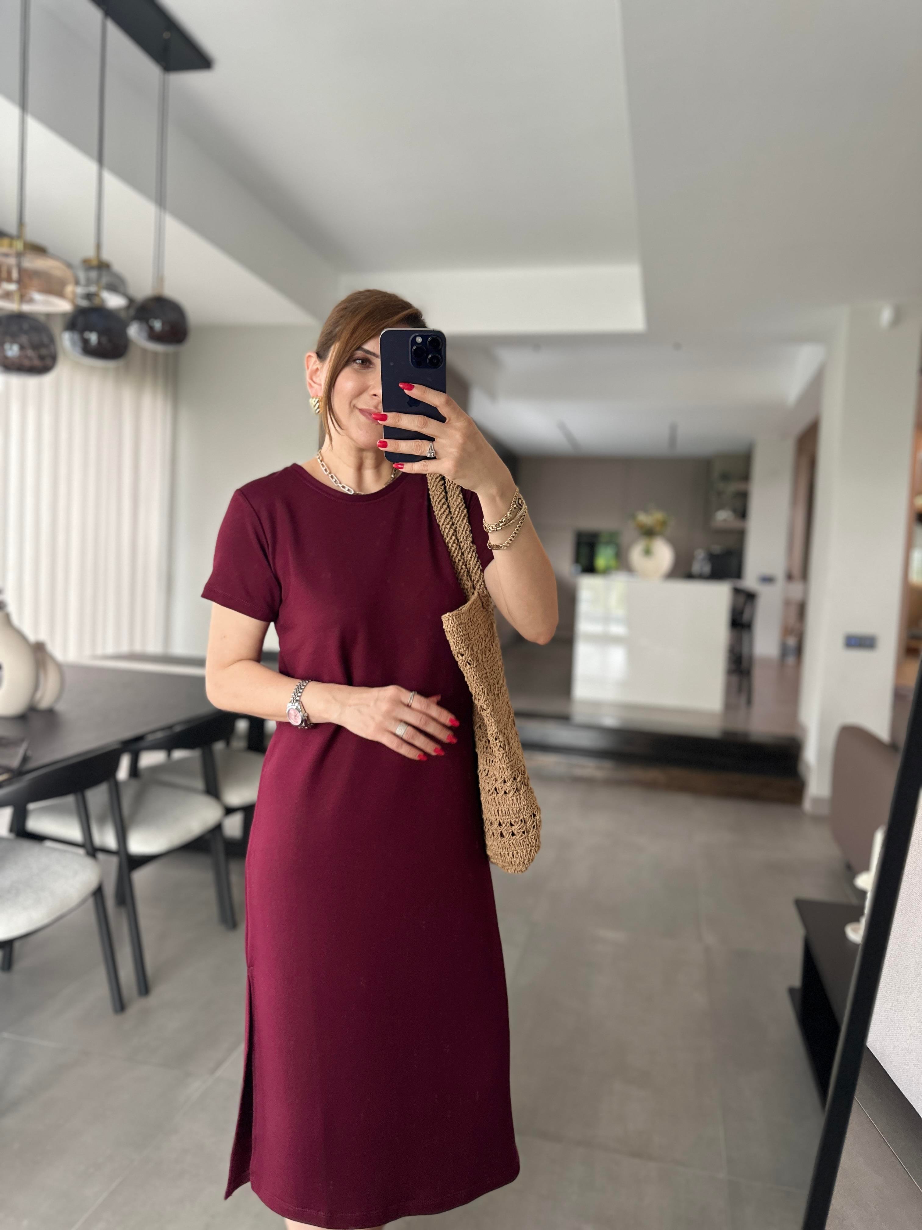 Bordo Basic Kısa Kollu Elbise