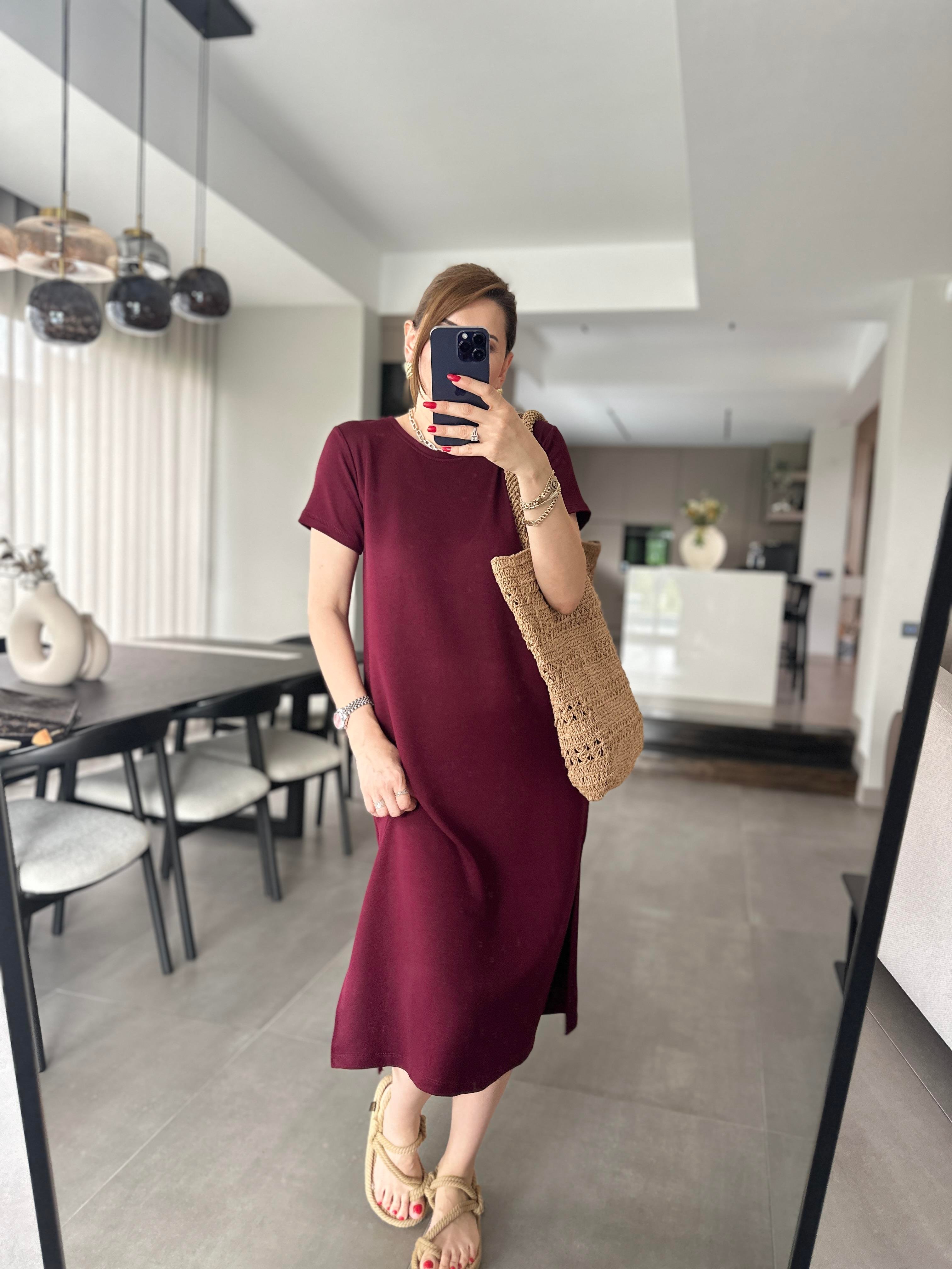 Bordo Basic Kısa Kollu Elbise
