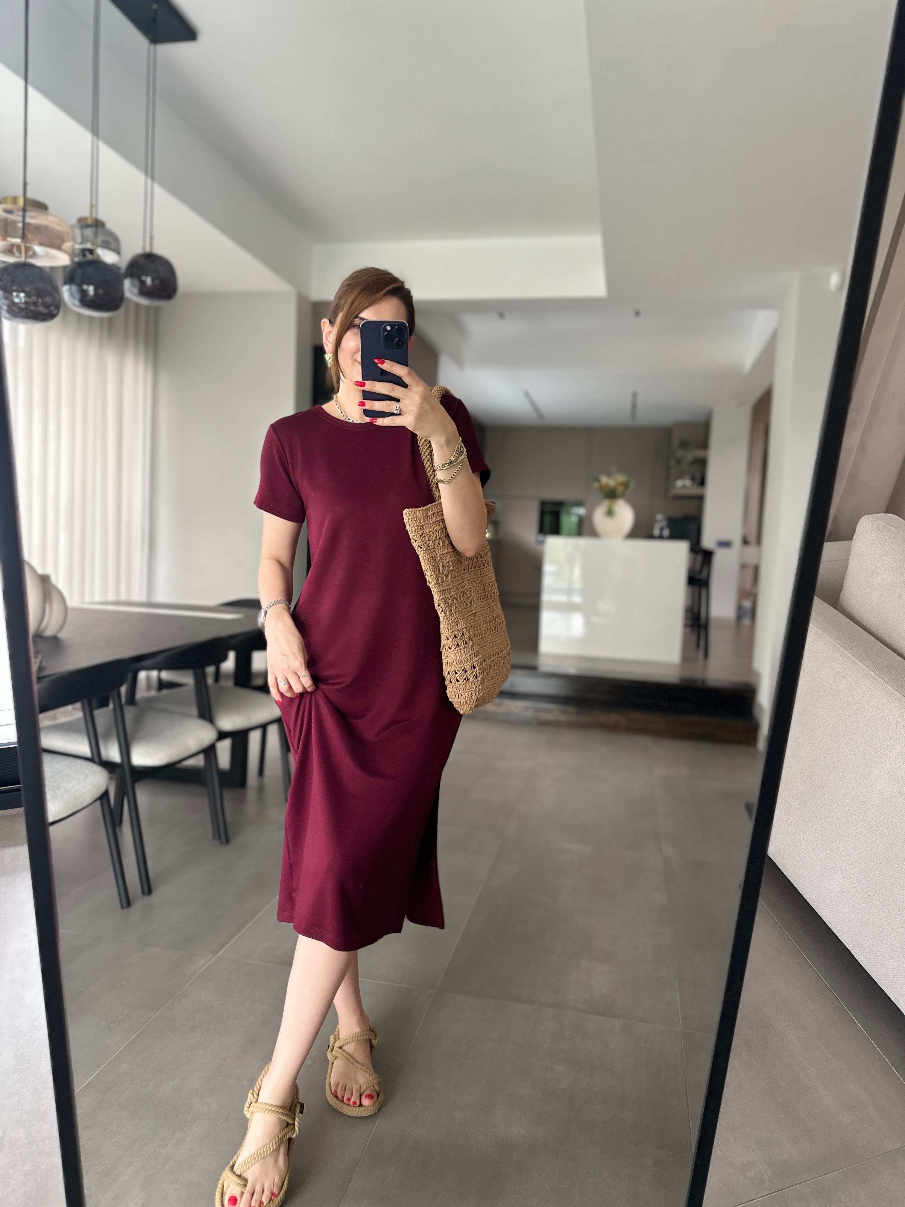 Bordo Basic Kısa Kollu Elbise