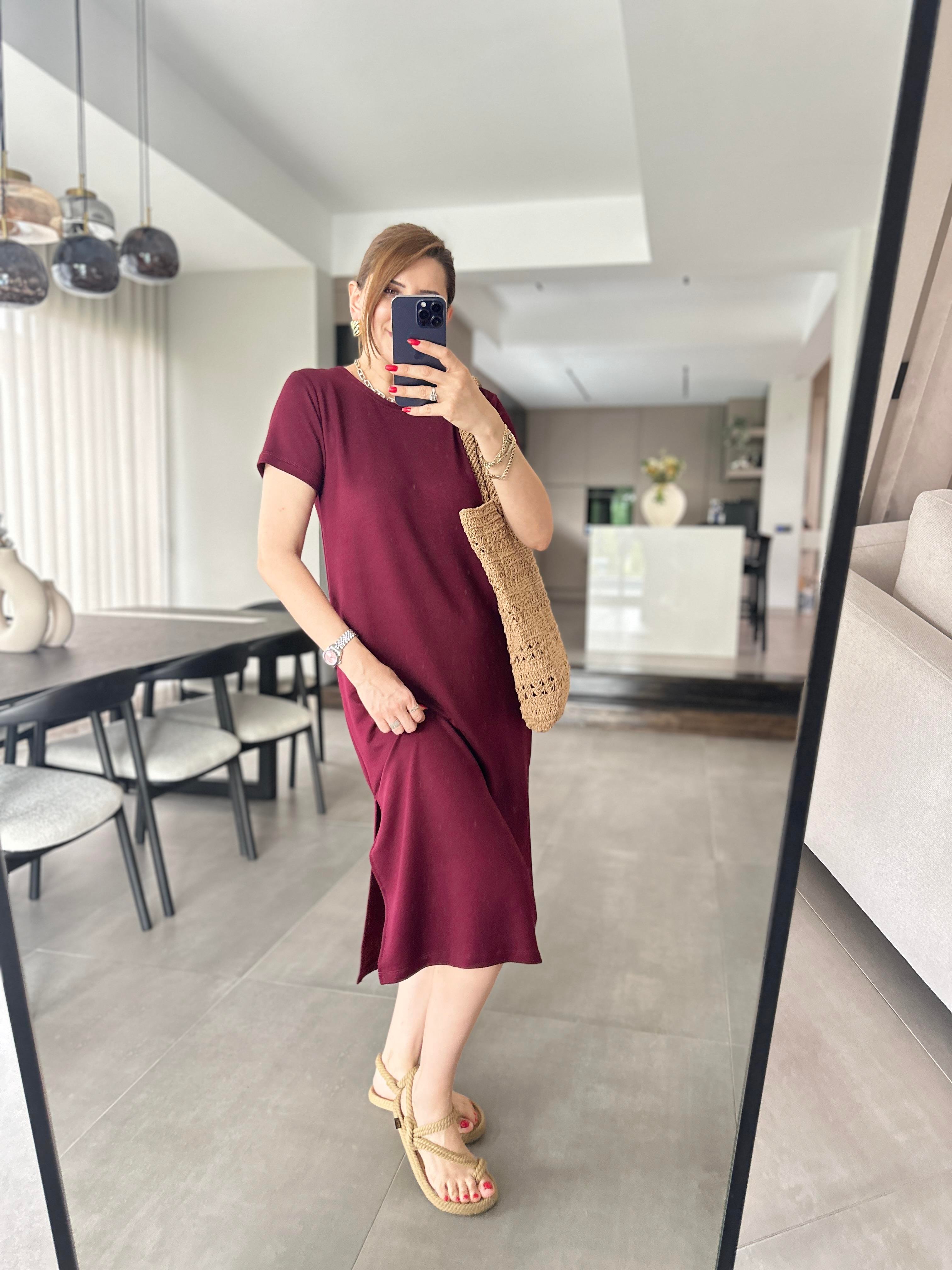 Bordo Basic Kısa Kollu Elbise