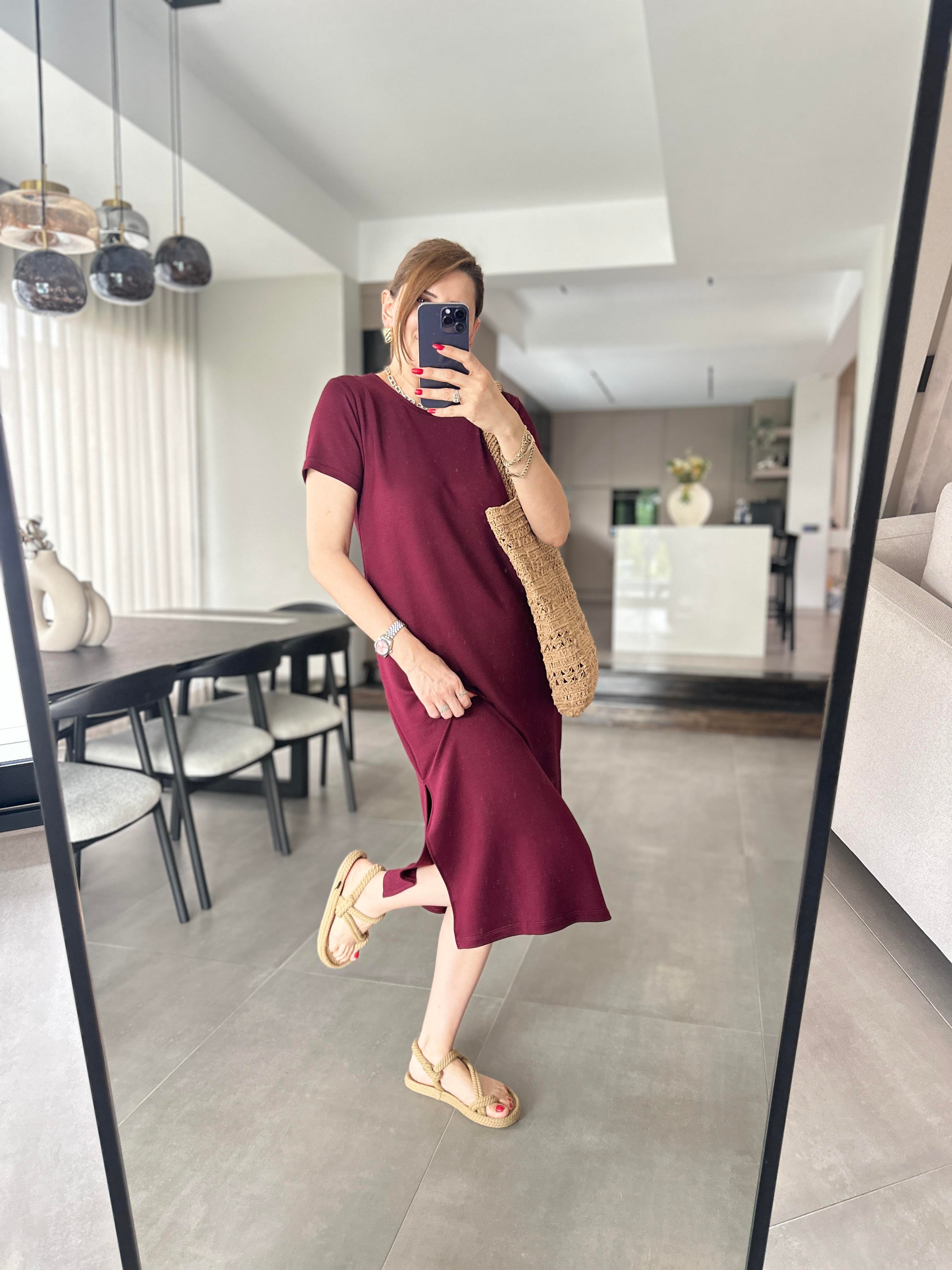 Bordo Basic Kısa Kollu Elbise