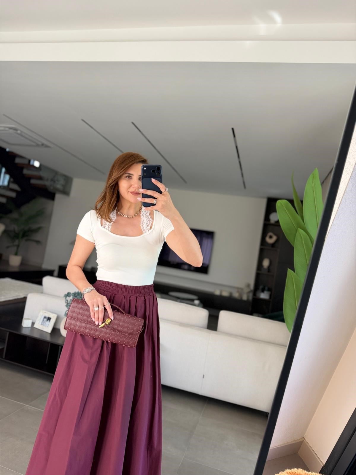 Bordo Bel Lastikli Midi Boy Çan Etek