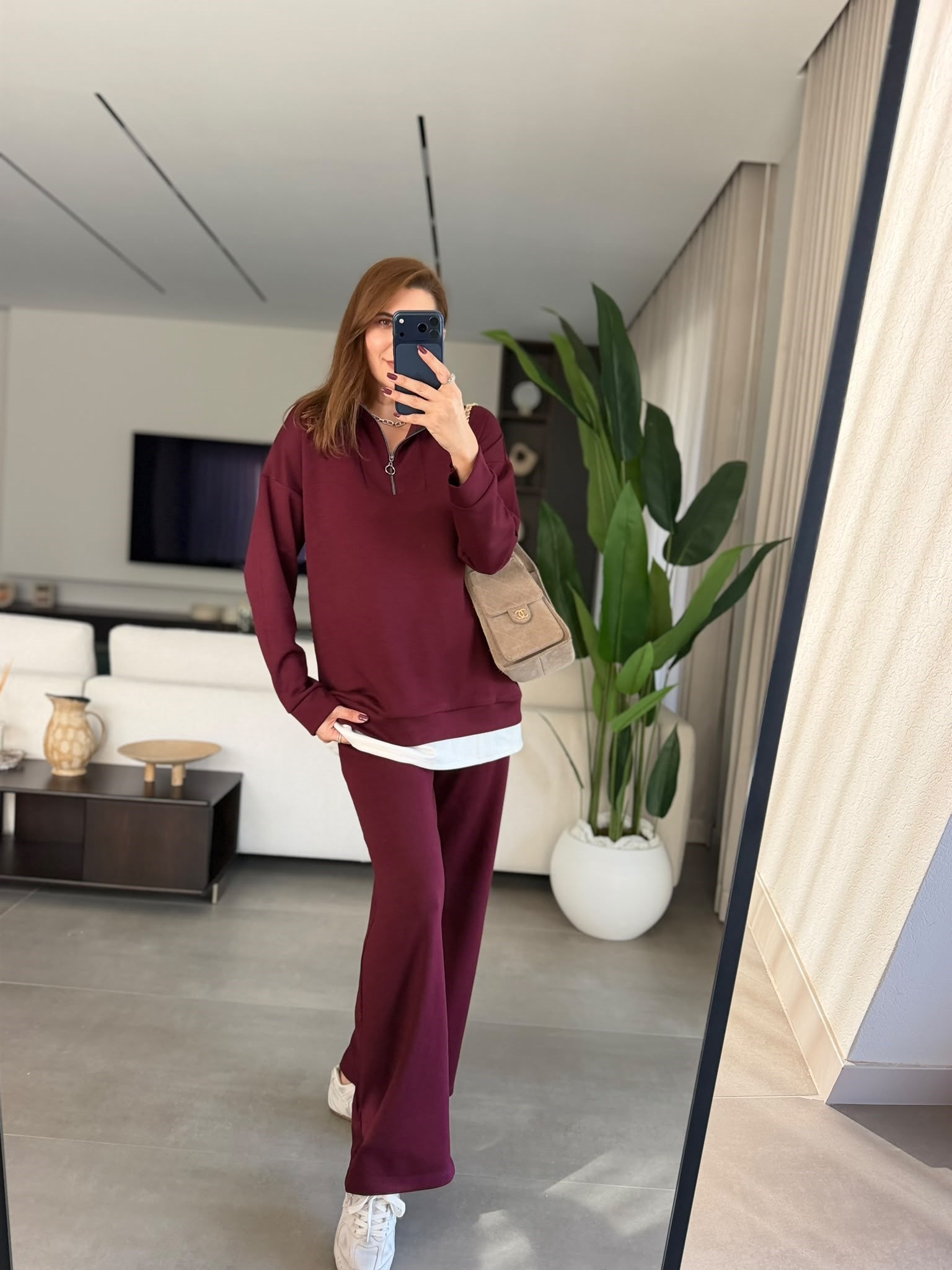 Bordo Büyük Beden Garnili Yarım Fermuar Takım