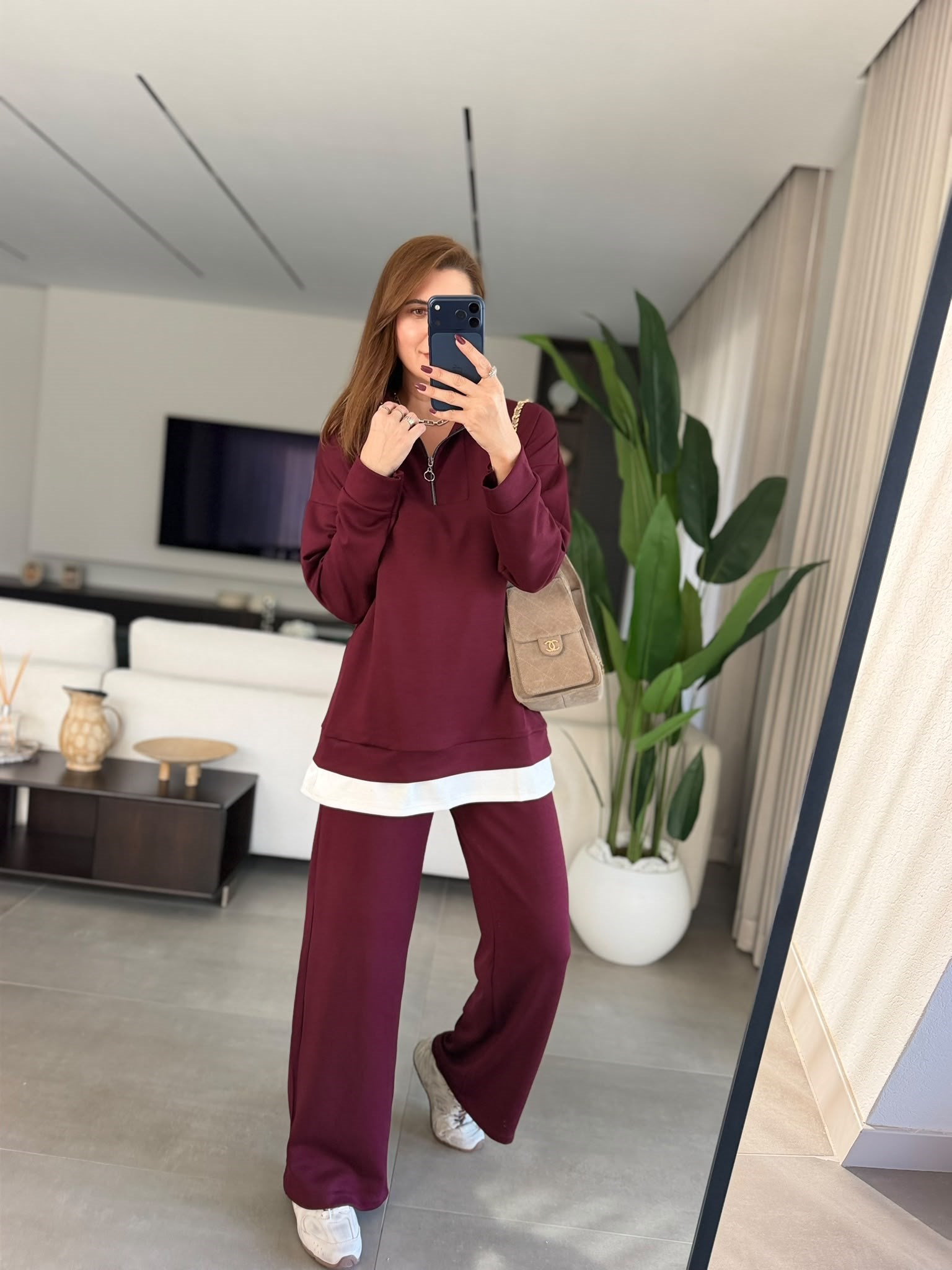 Bordo Büyük Beden Garnili Yarım Fermuar Takım