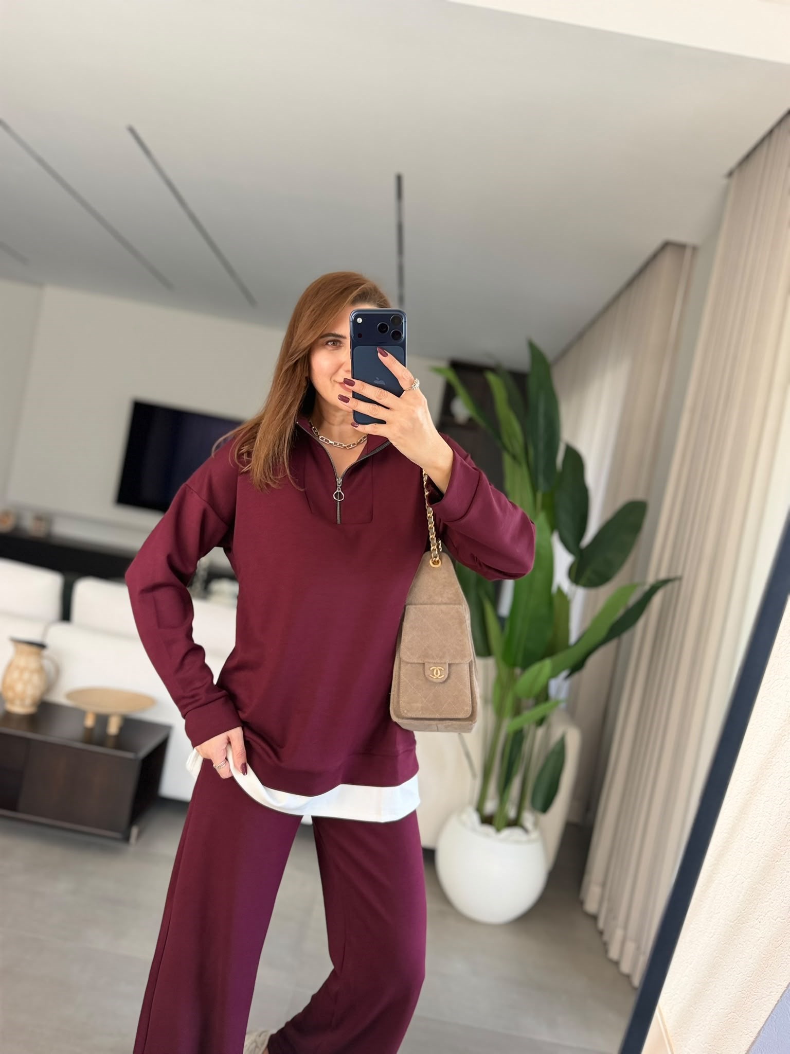 Bordo Büyük Beden Garnili Yarım Fermuar Takım