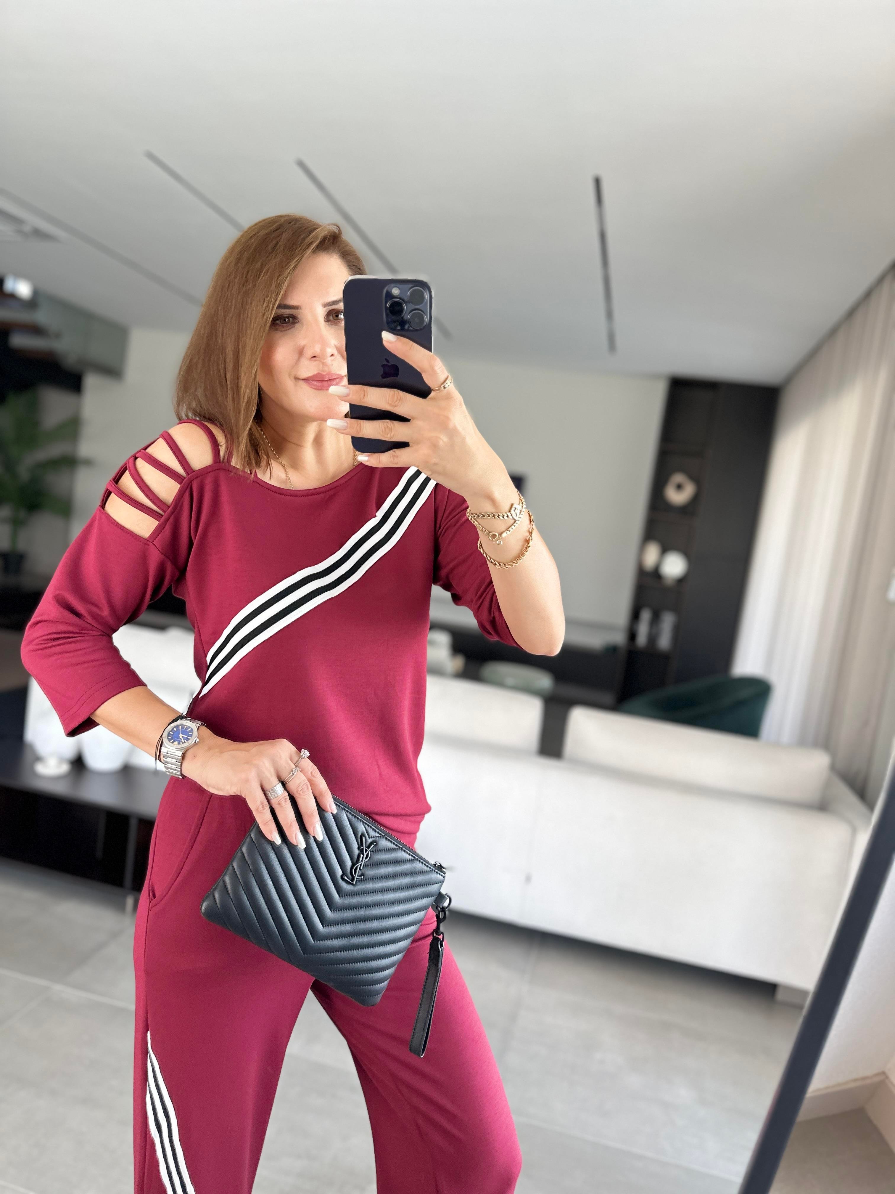 Bordo Çarpraz Çizgi Detaylı Takım