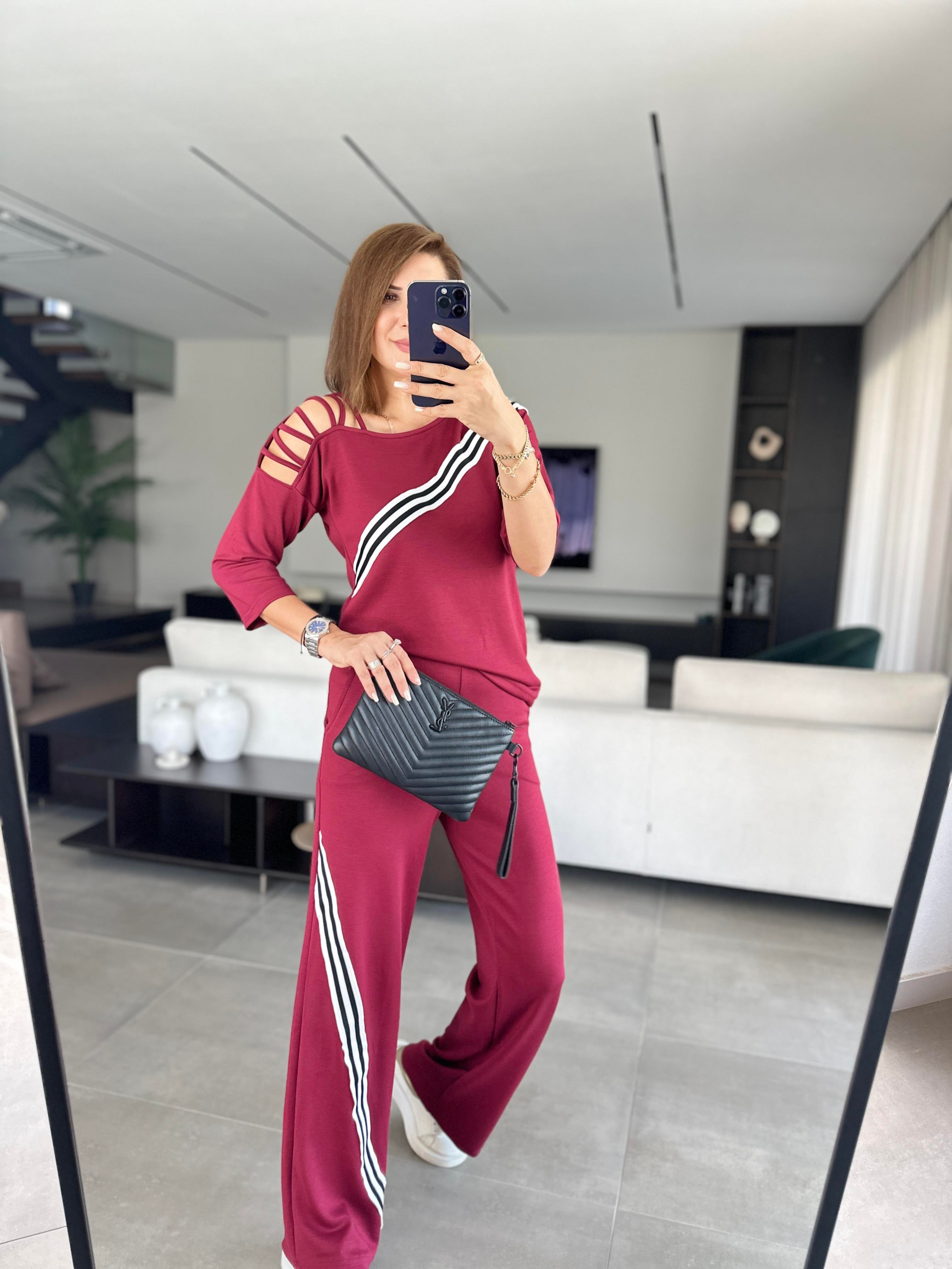 Bordo Çarpraz Çizgi Detaylı Takım