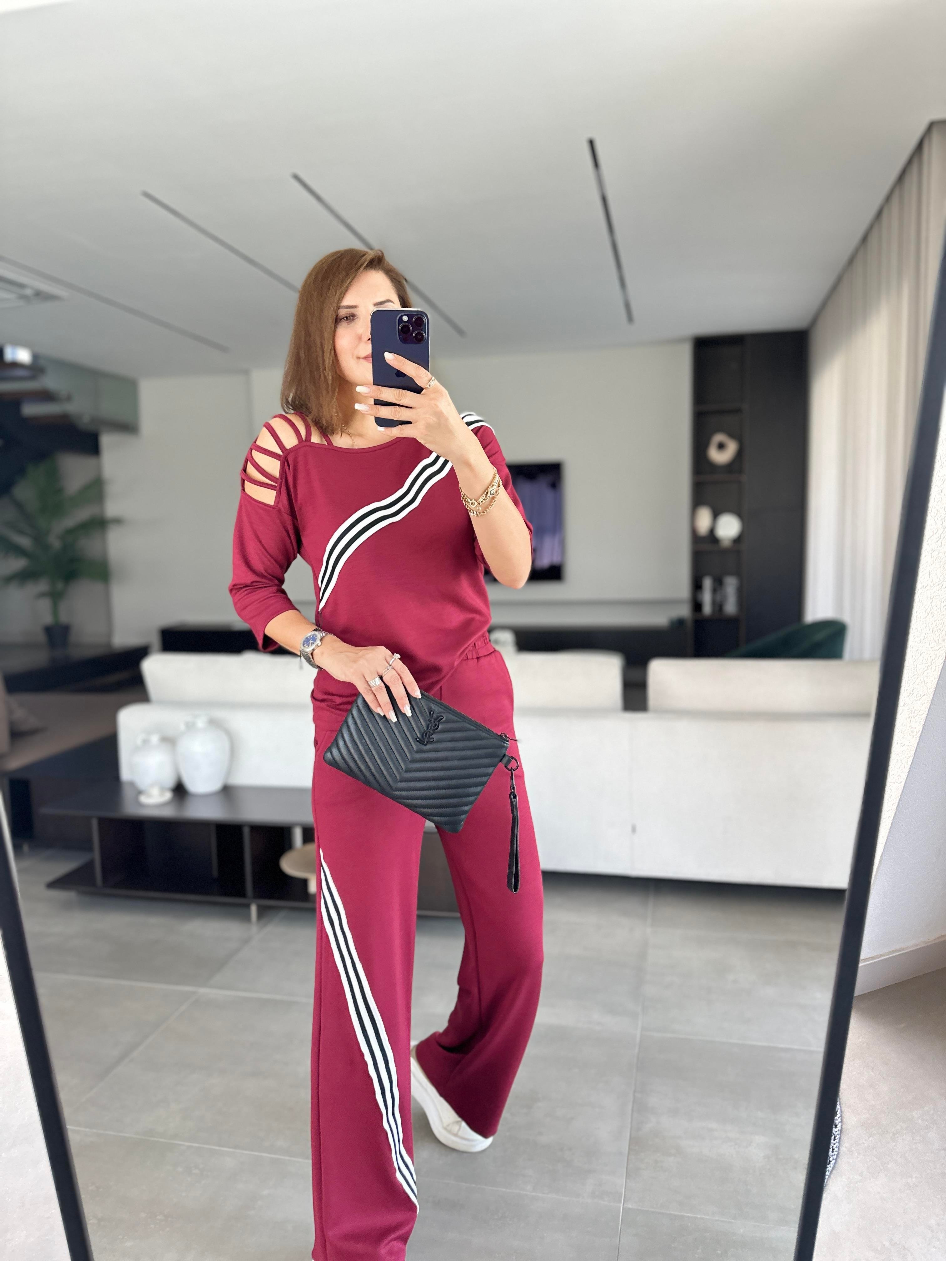 Bordo Çarpraz Çizgi Detaylı Takım