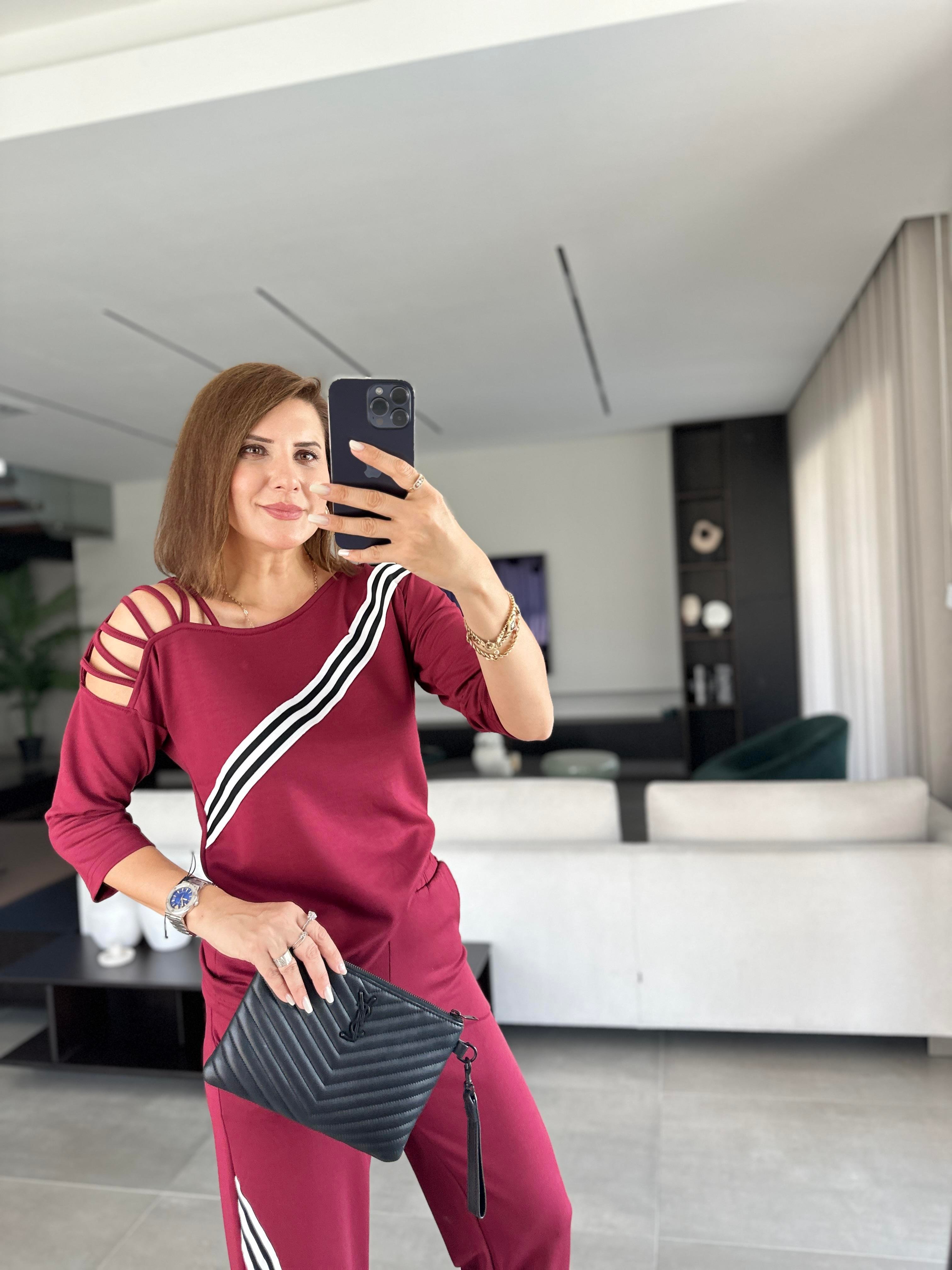 Bordo Çarpraz Çizgi Detaylı Takım