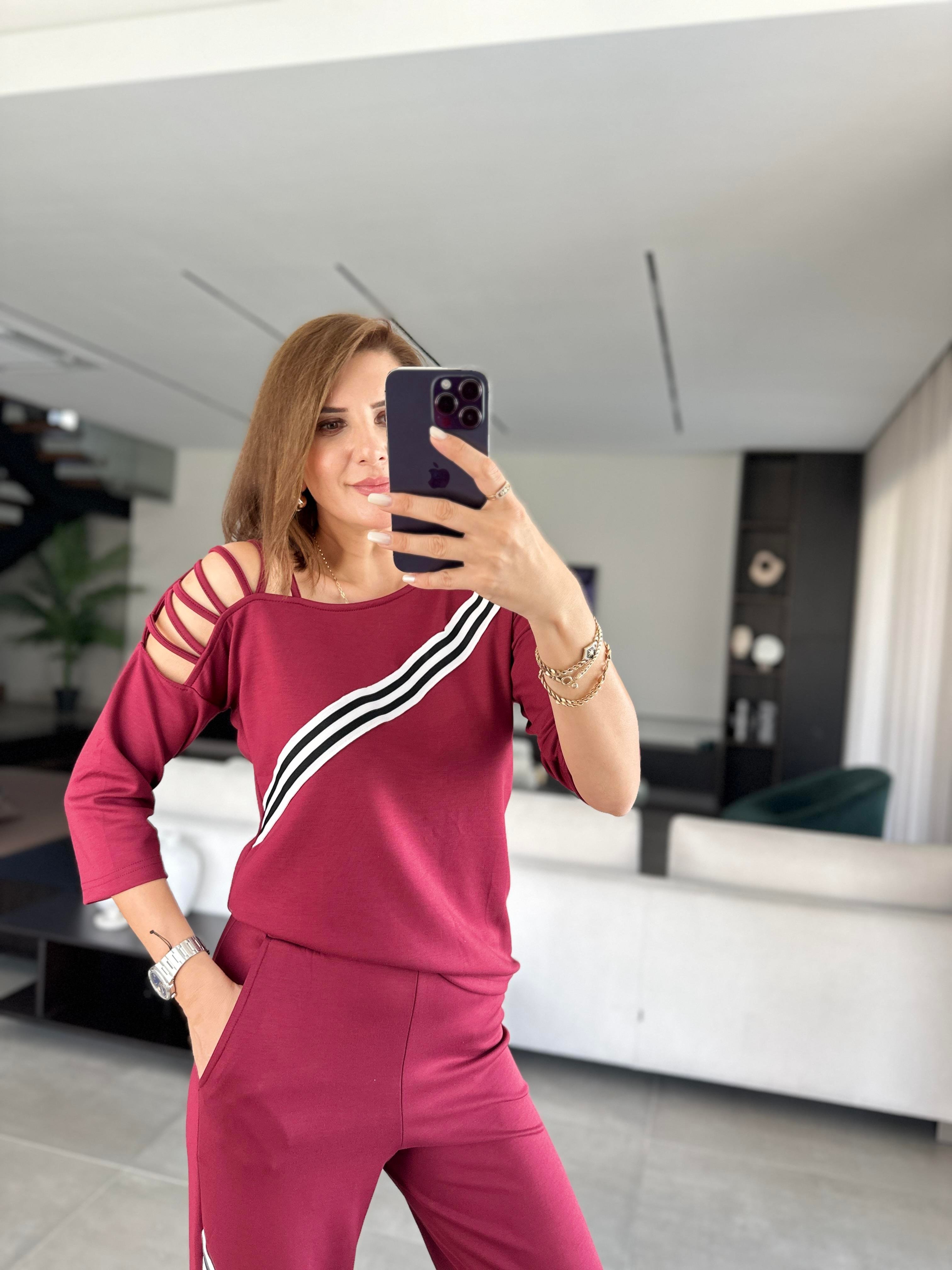 Bordo Çarpraz Çizgi Detaylı Takım