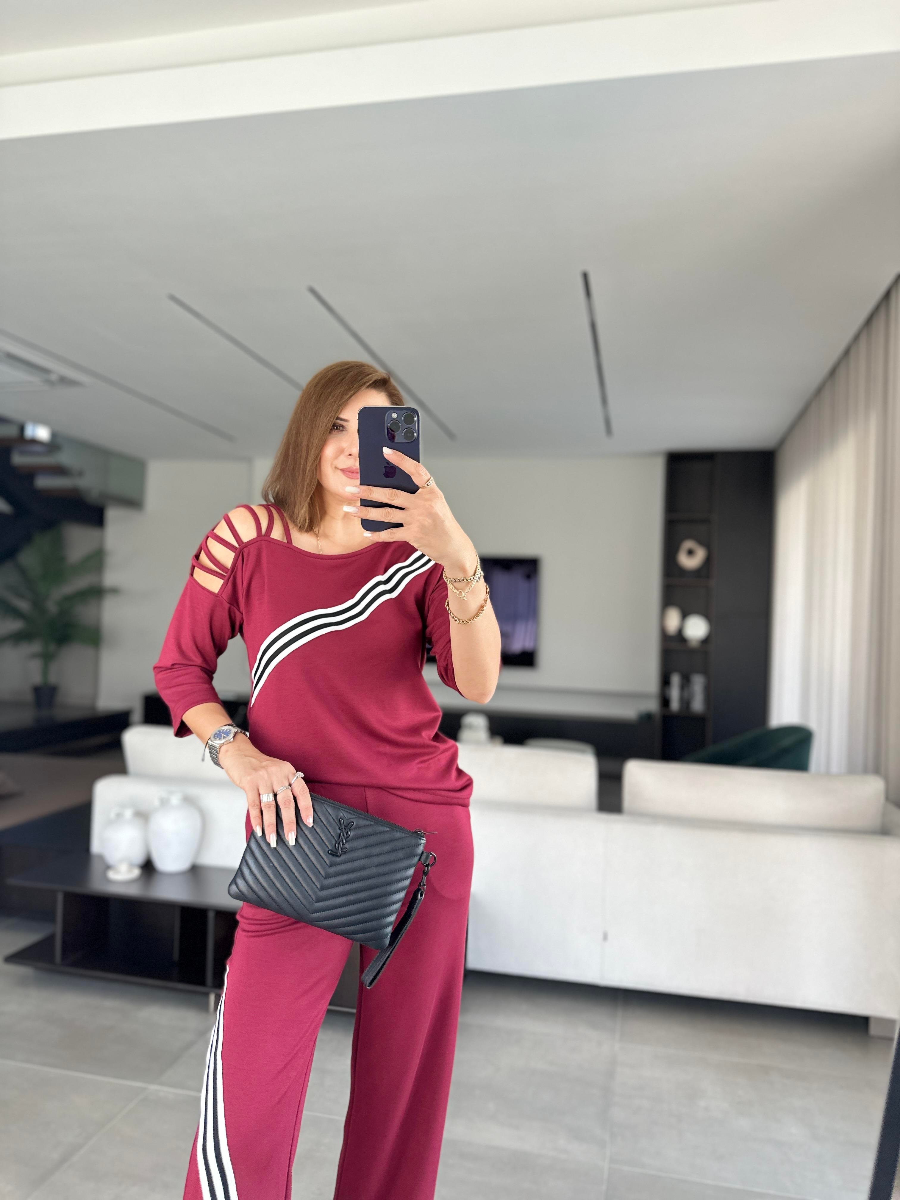 Bordo Çarpraz Çizgi Detaylı Takım