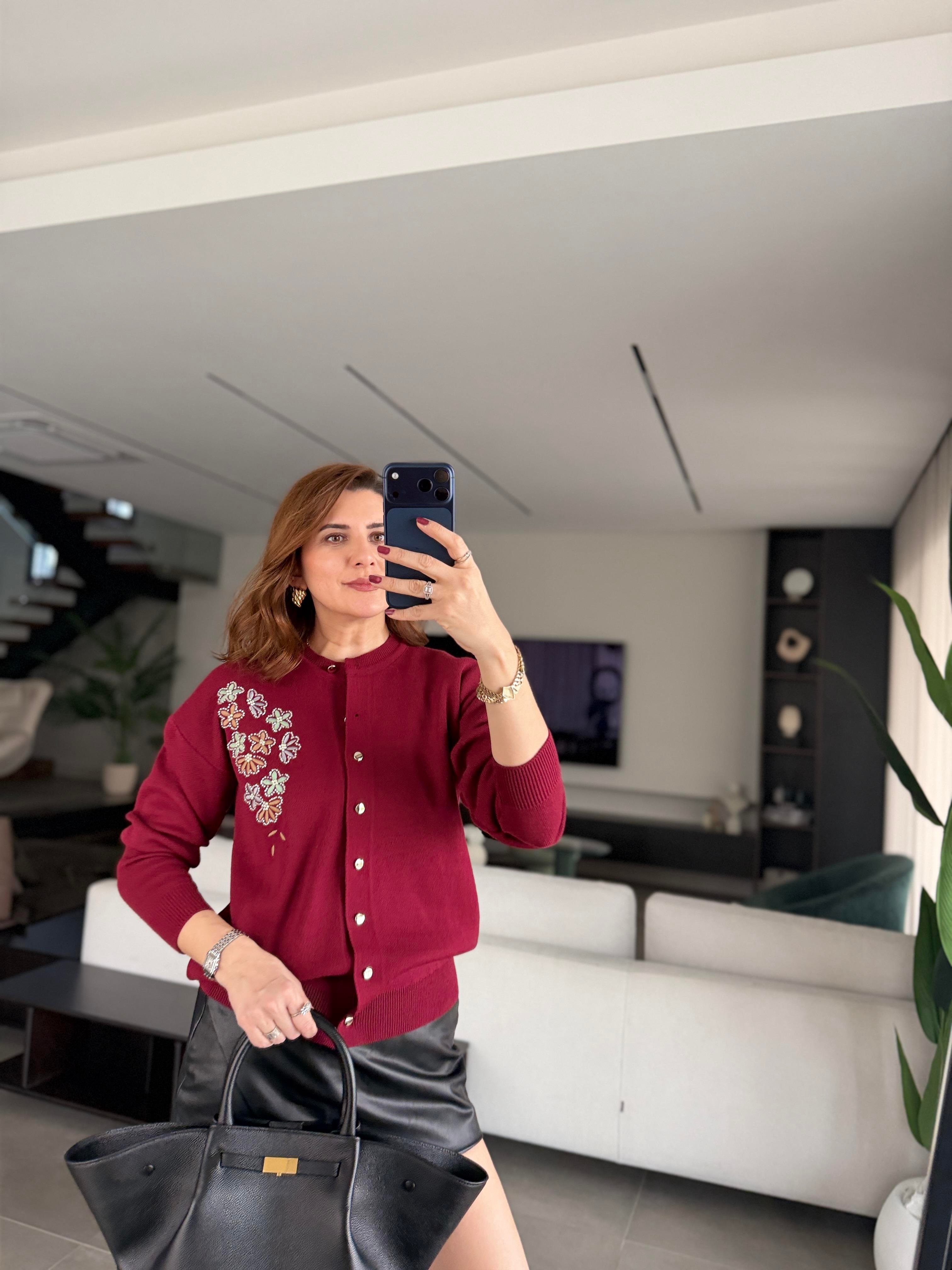 Bordo Çiçek Nakışlı Triko Hırka