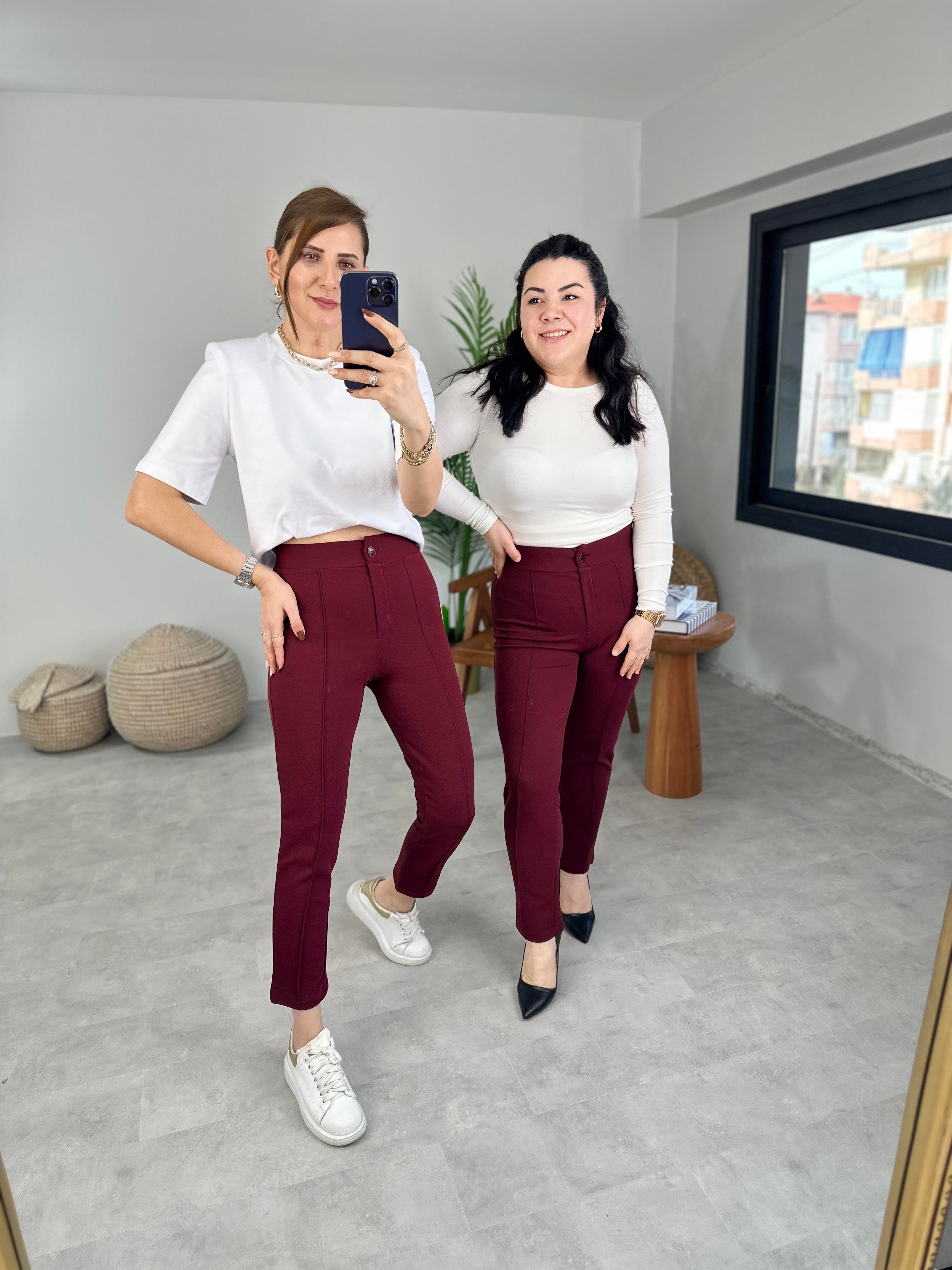 Bordo Çimalı Dar Paça Pantolon