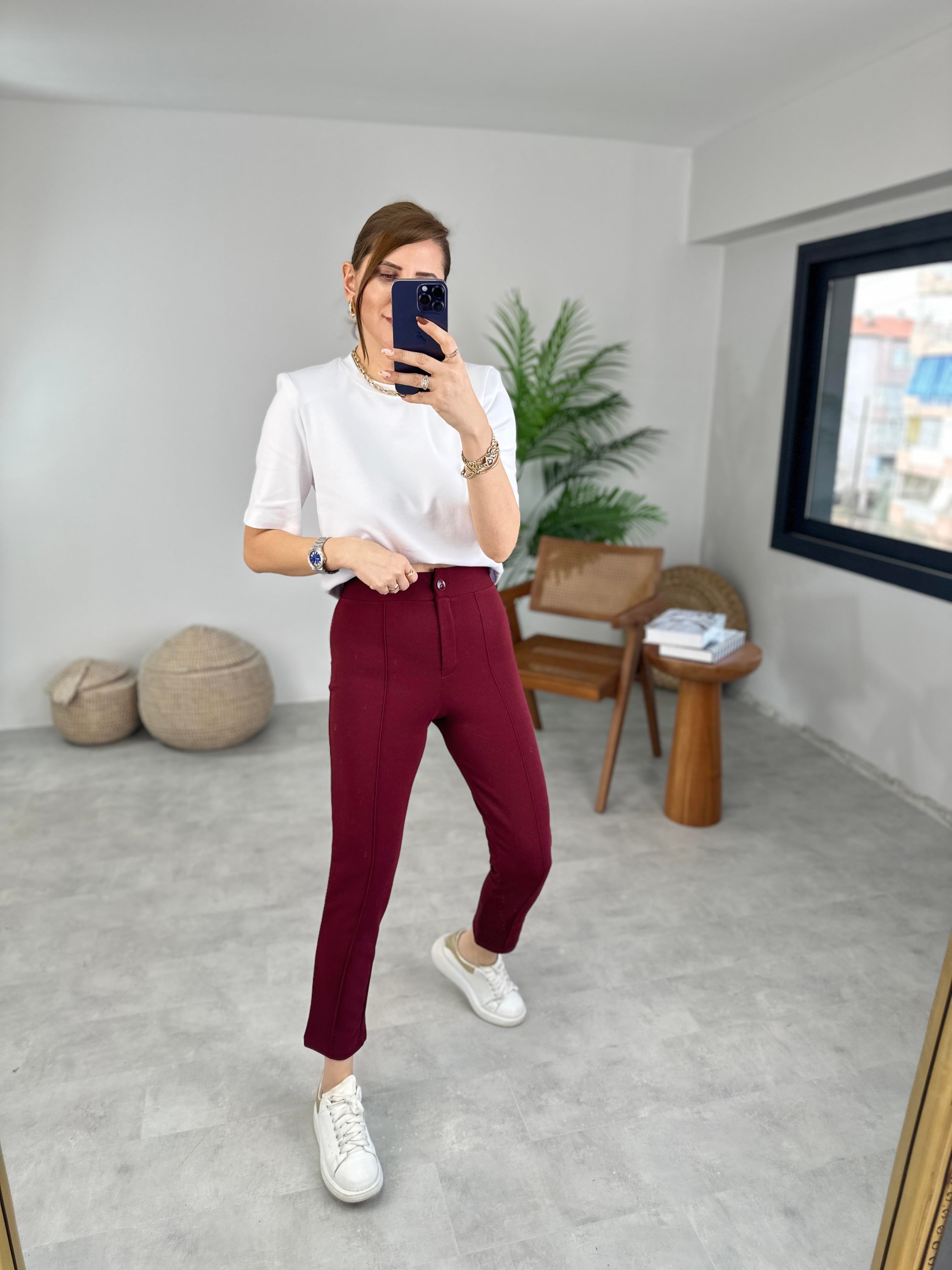 Bordo Çimalı Dar Paça Pantolon