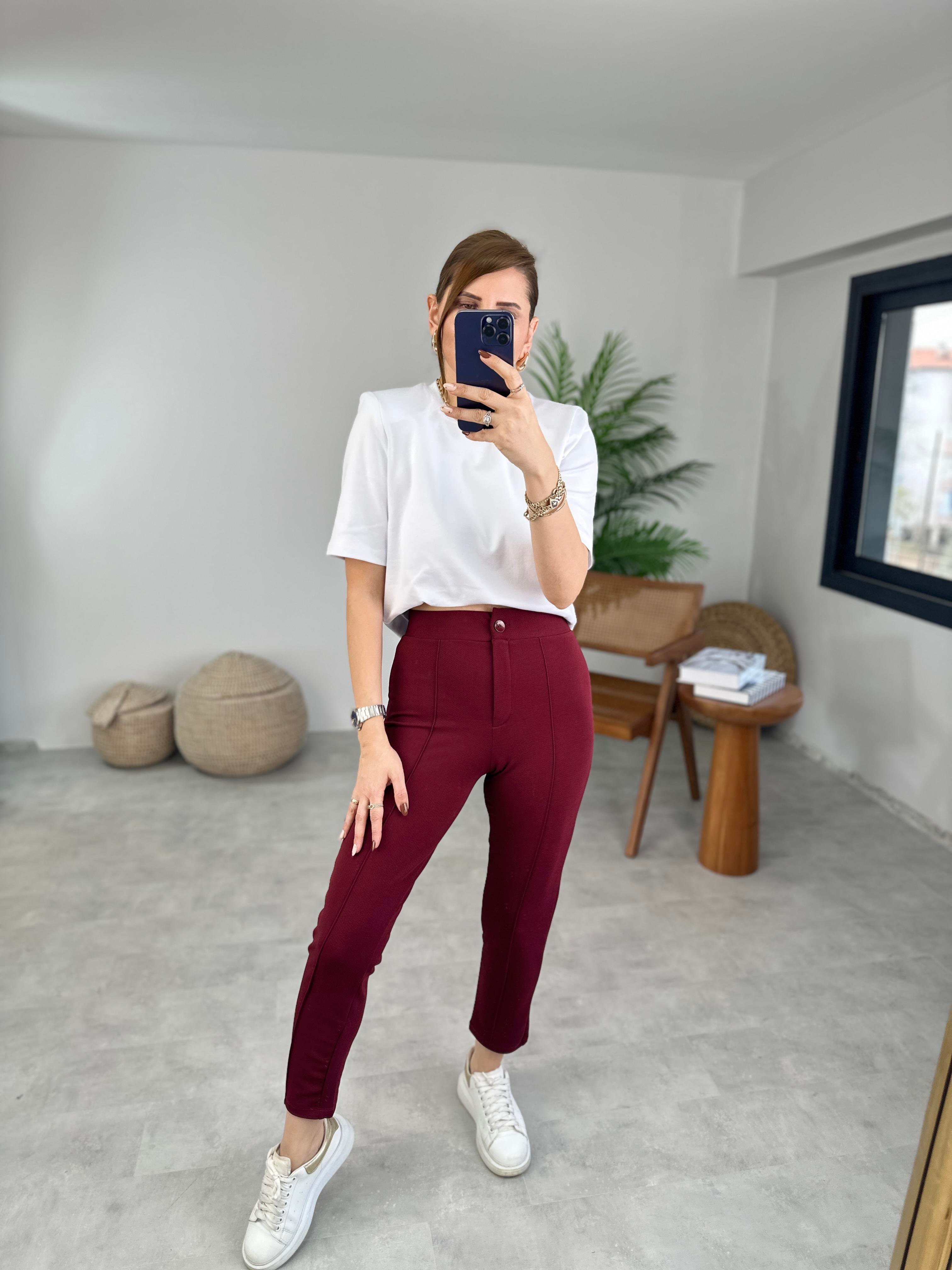 Bordo Çimalı Dar Paça Pantolon