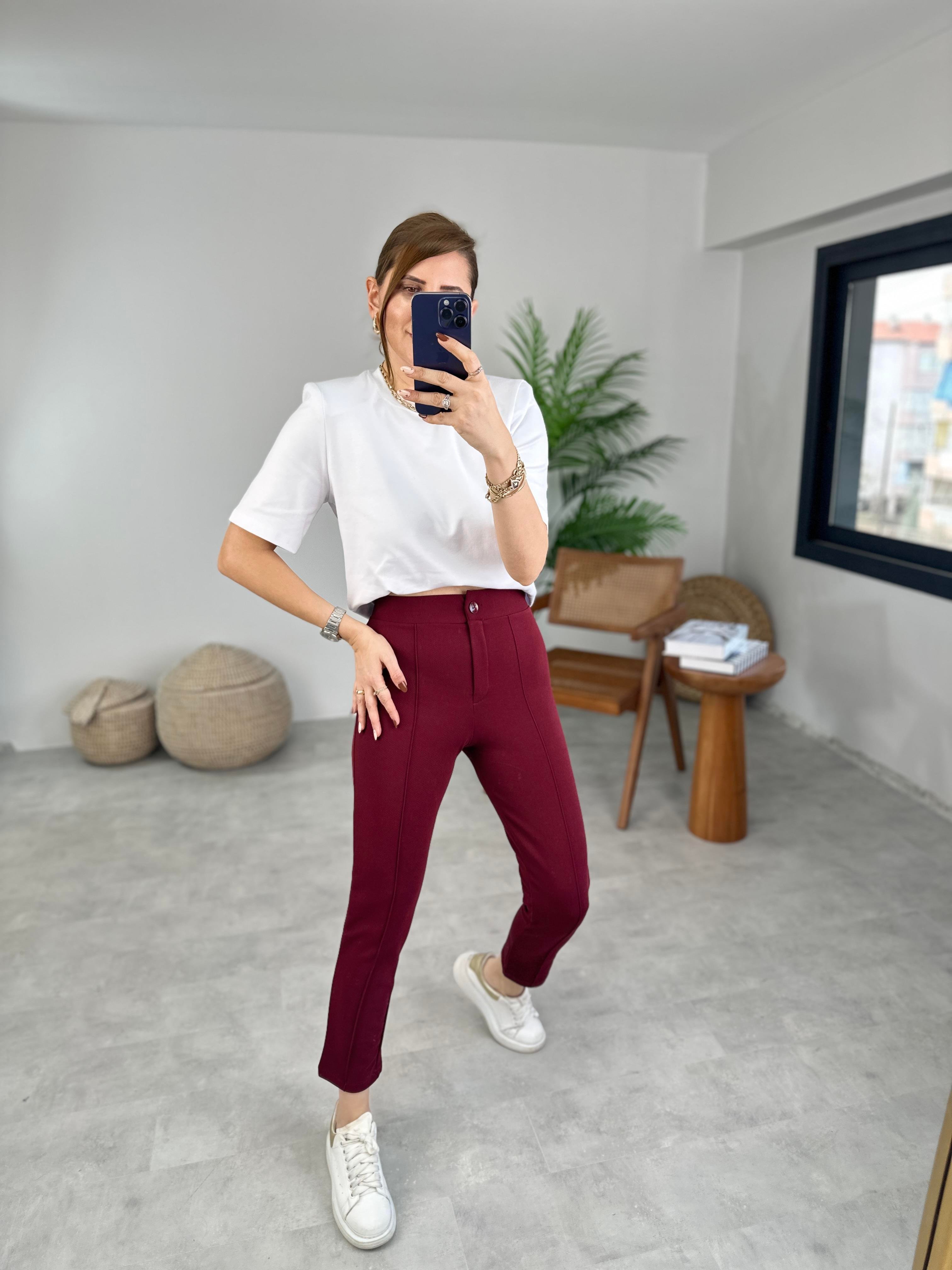 Bordo Çimalı Dar Paça Pantolon