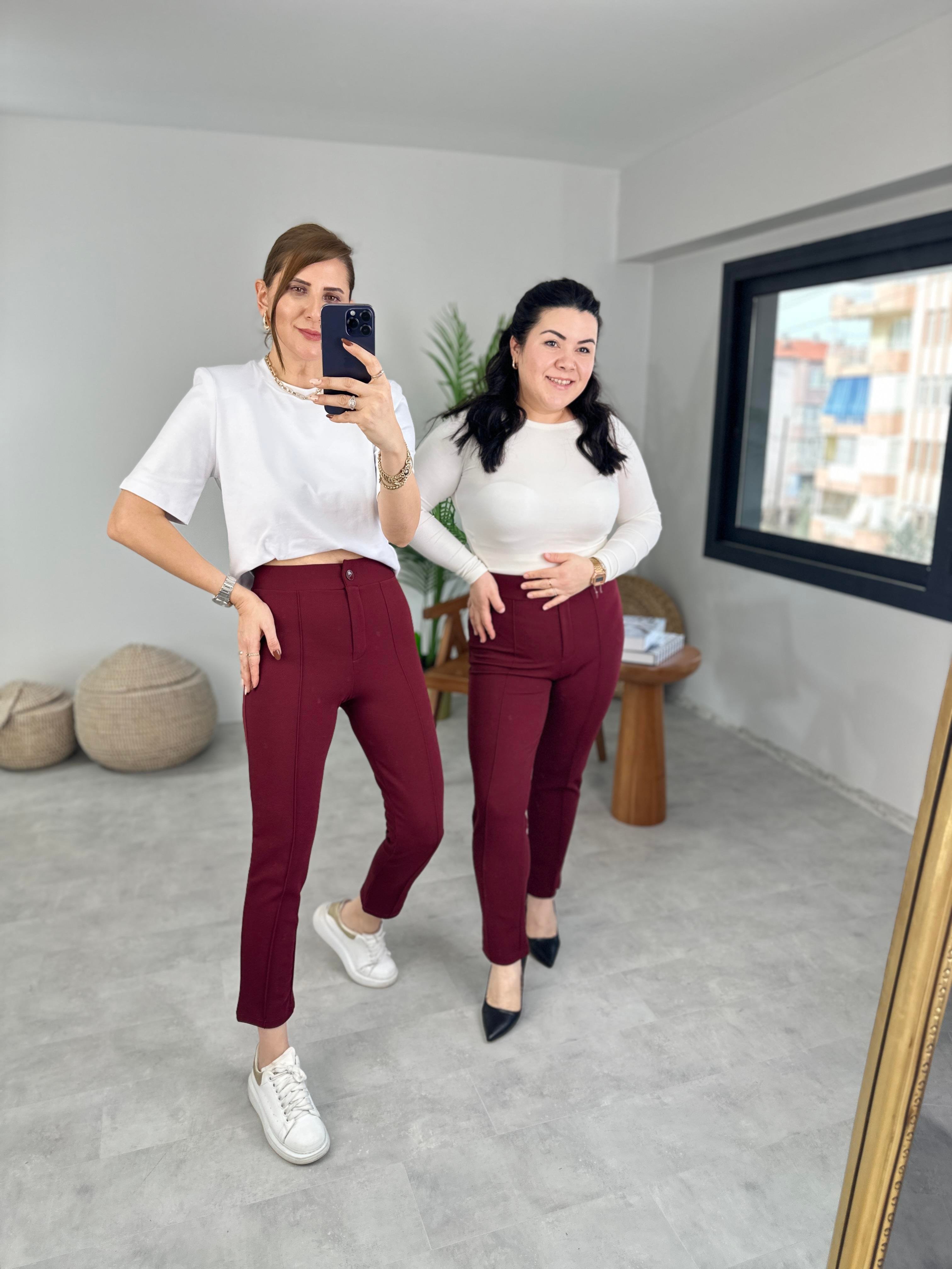 Bordo Çimalı Dar Paça Pantolon